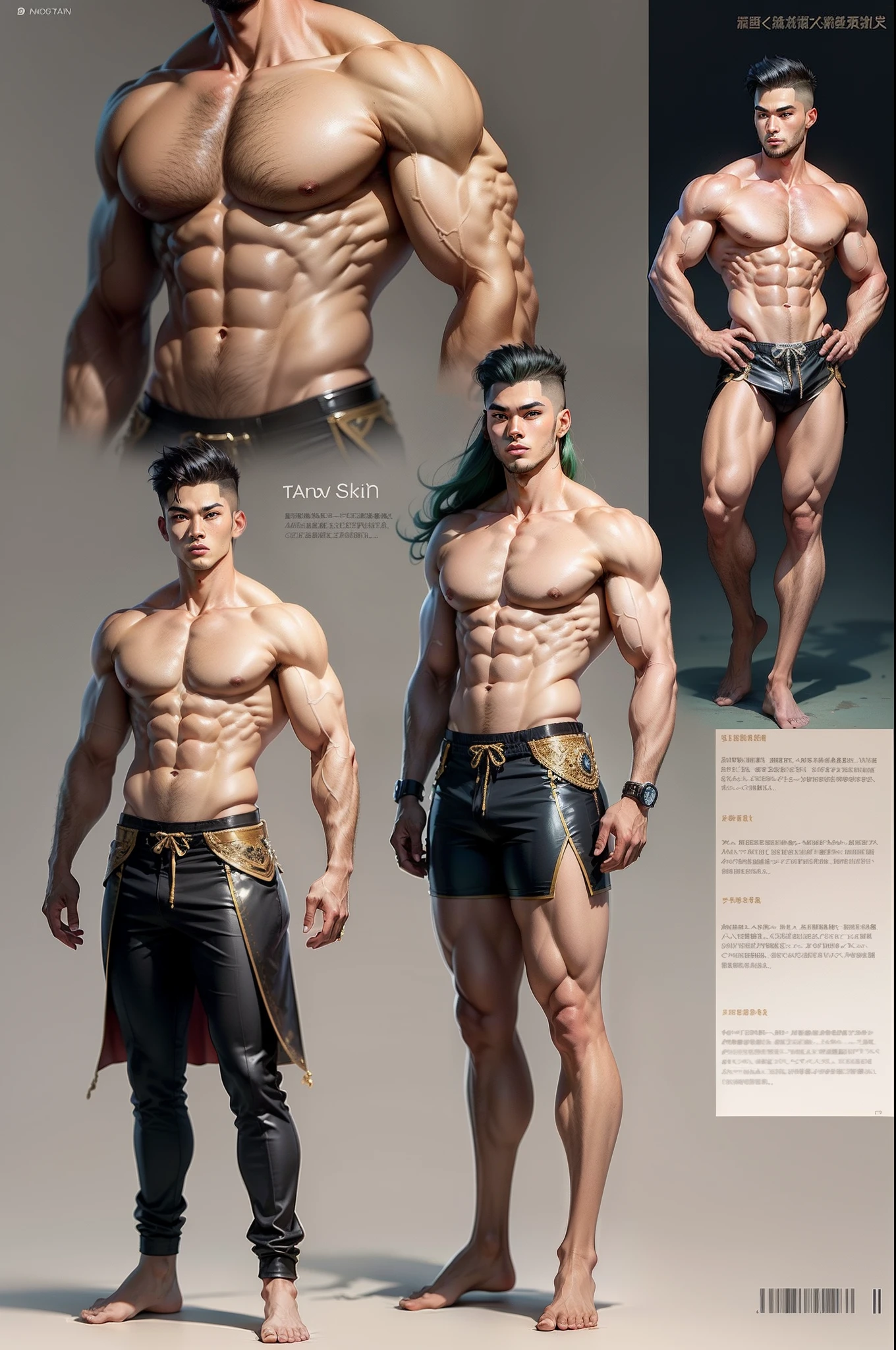 male gods fantasy, the first to appear tall as a god, short hair, character design sheet, different poses, different angles, 1boy, single, asian boy, handsome, reference sheet, perfect face, hansome face, 1.85 tall, shaved, chinese outfit, muscle body, athletic body. (Blue perfect eyes), (long hair), (long bangs), (green hair), (tanned skin), background simple