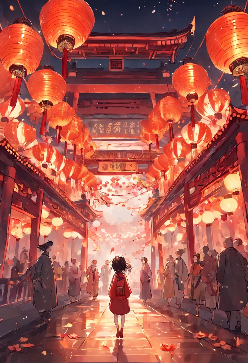 "Celebrate the New Year in traditional Chinese cities, illuminate the night sky, Majestic Chinese-style building in the center, Decorated with intricate environments, Vibrant Chinese lanterns hang around, Sparkling fireworks, There was a girl in the middle,There are people on both sides