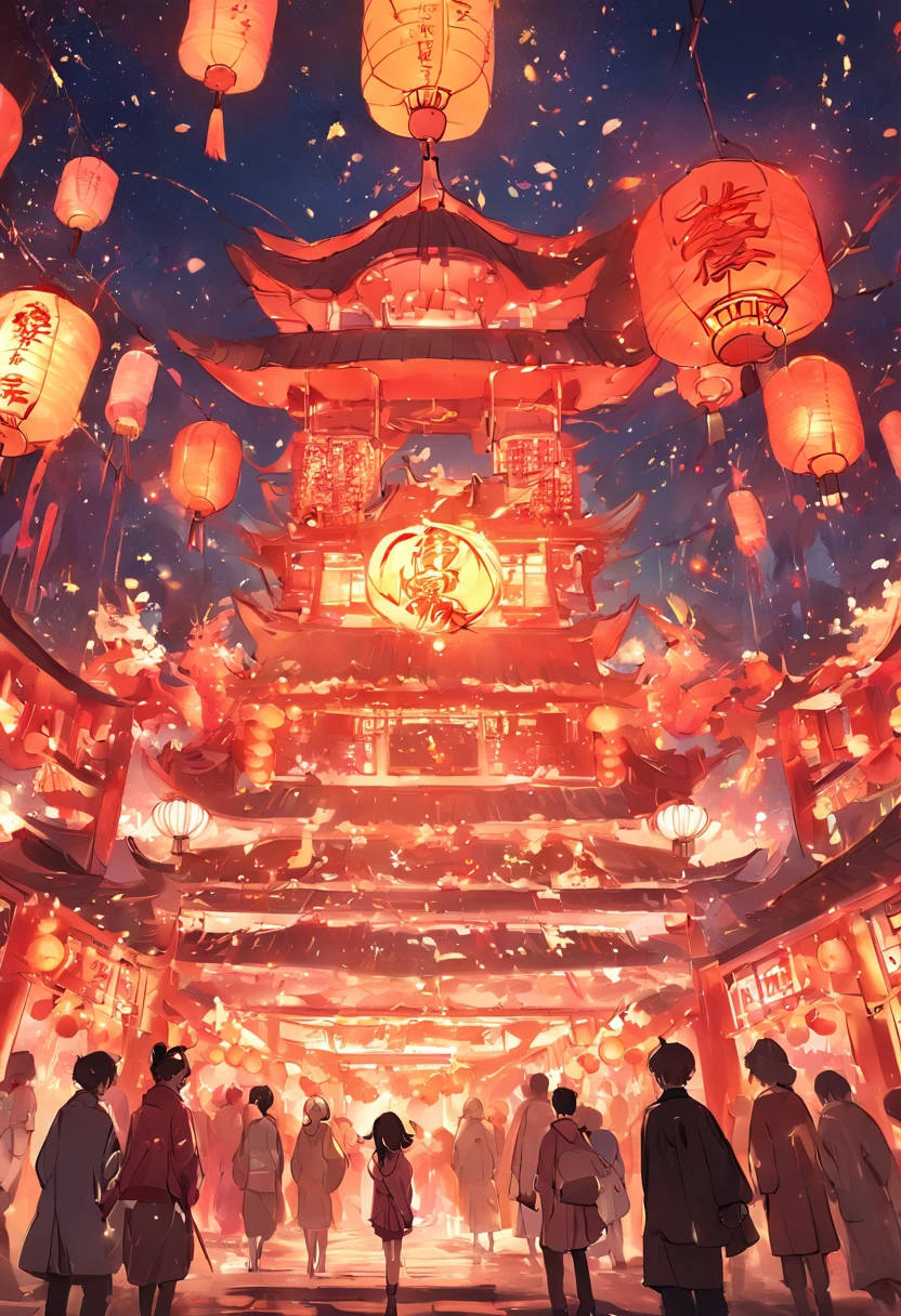 "Celebrate the New Year in traditional Chinese cities, illuminate the night sky, Majestic Chinese-style building in the center, Decorated with intricate environments, Vibrant Chinese lanterns hang around, Sparkling fireworks, There was a little girl in the middle，There are people on both sides