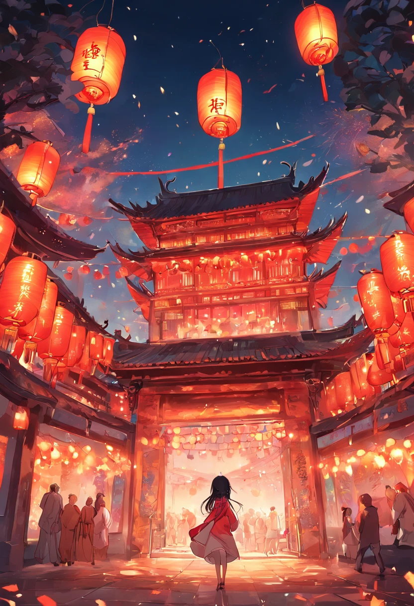 "Celebrate the New Year in traditional Chinese cities, illuminate the night sky, Majestic Chinese-style building in the center, Decorated with intricate environments, Vibrant Chinese lanterns hang around, Sparkling fireworks, There was a girl in the middle,There are people on both sides