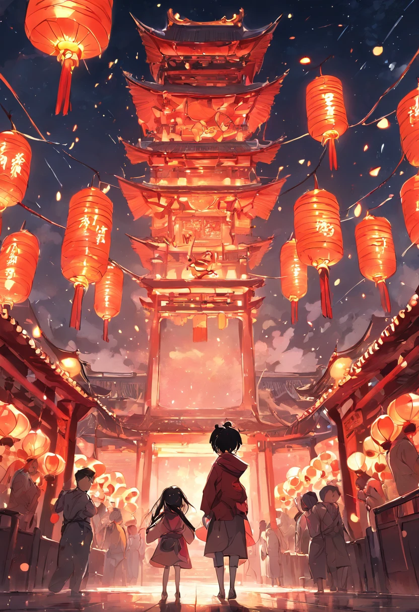 "Celebrate the New Year in traditional Chinese cities, illuminate the night sky, Majestic Chinese-style building in the center, Decorated with intricate environments, Vibrant Chinese lanterns hang around, Sparkling fireworks, There was a little girl in the middle，There are people on both sides