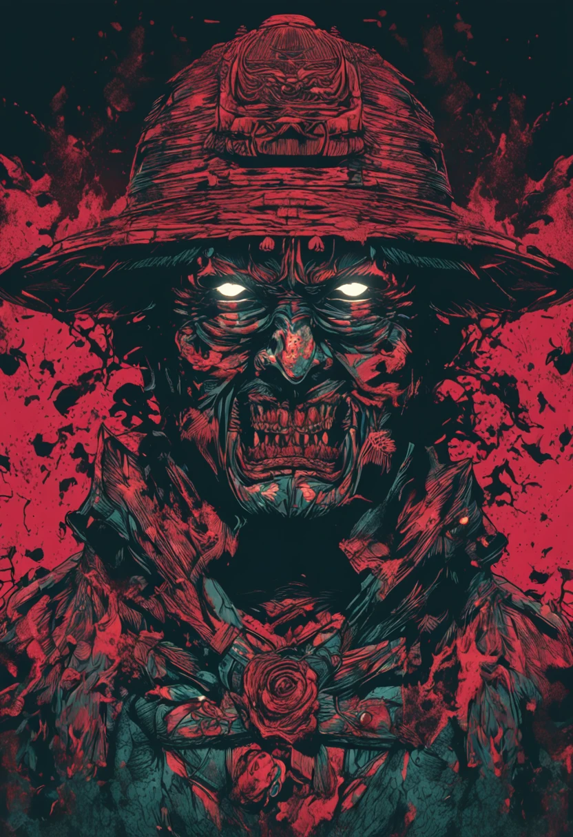 rosto de um samurai estilo zumbi com fundo sombrio e misterioso, macabre traits, scary expression, lighting dramatic, detalhes intricados, textura sombria, cores frias intensas.