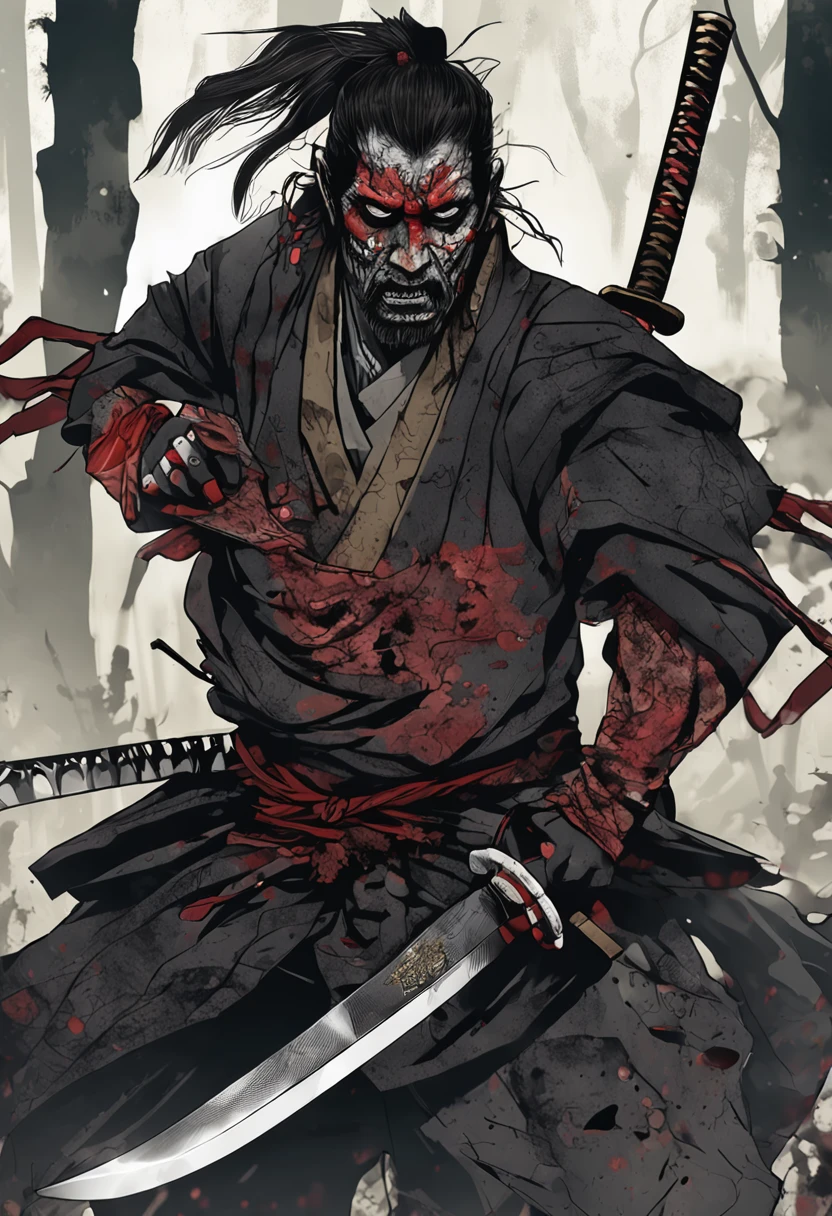 rosto de um samurai estilo zumbi com fundo sombrio e misterioso, macabre traits, scary expression, lighting dramatic, detalhes intricados, textura sombria, cores frias intensas.