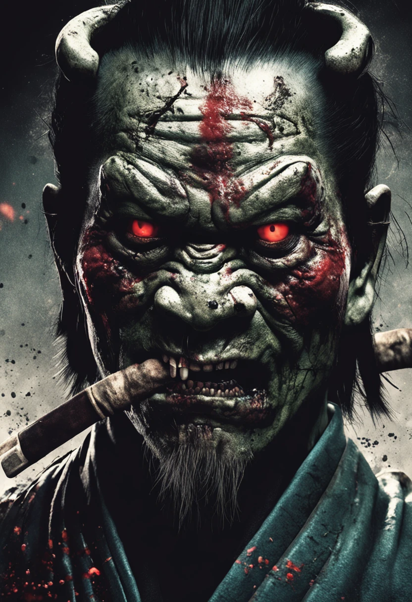 rosto de um samurai estilo zumbi com fundo sombrio e misterioso, macabre traits, scary expression, lighting dramatic, detalhes intricados, textura sombria, cores frias intensas.