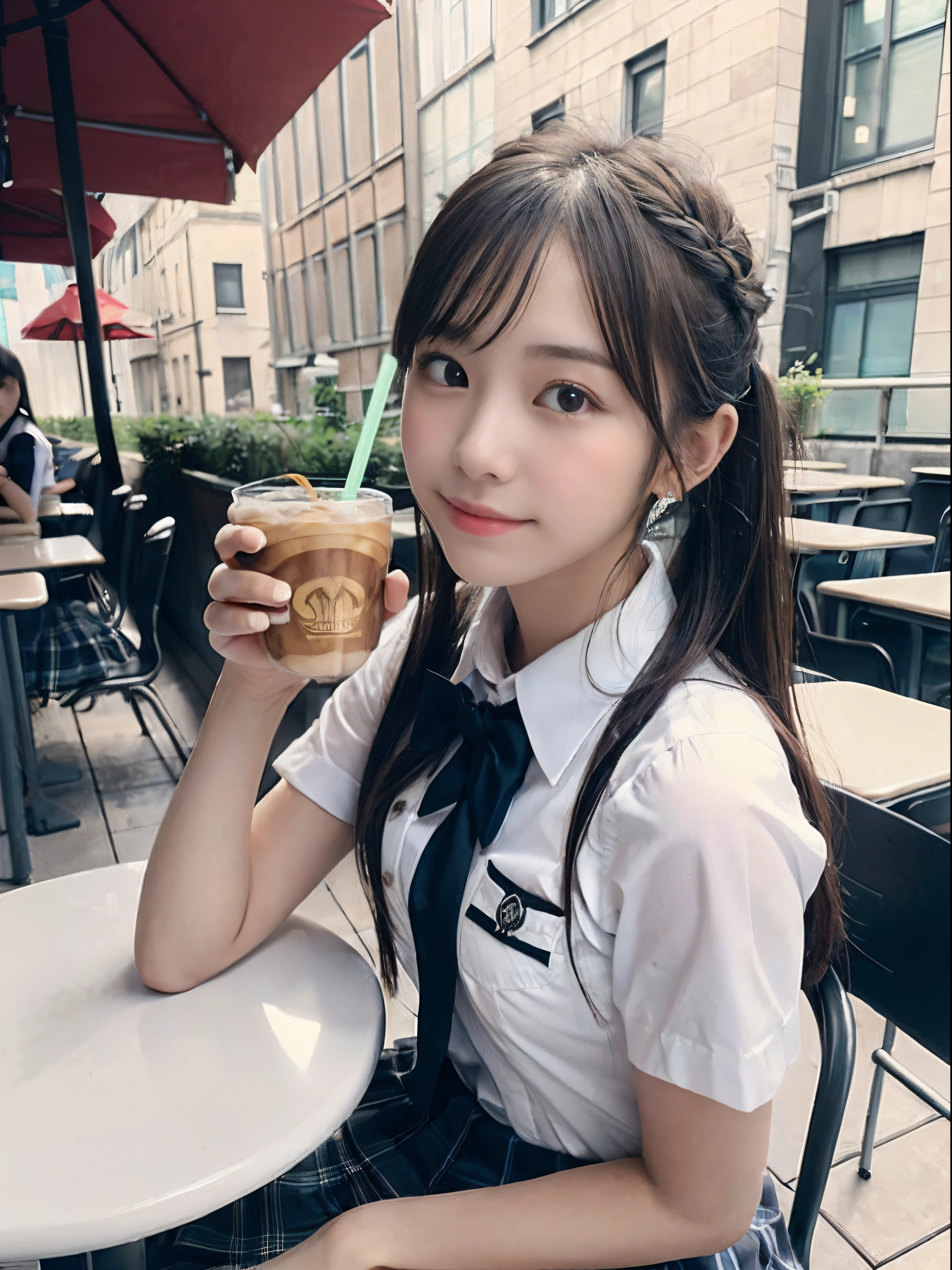 (Close up portrait of one girl with slender small breasts and twin-tailed hair in school uniform:1.5)、(Girl sitting on chair drinking iced latte on café terrace:1.3)、(Open terrace of the café :1.3)、(Perfect Anatomy:1.3)、(complete hands:1.3)、(complete fingers:1.3)、Photorealsitic、Raw photography、masutepiece、top-quality、hight resolution、delicate and pretty、face perfect、Beautiful detailed eyes、Fair skin、Real Human Skin、pores、((thin legs))、(Dark hair)