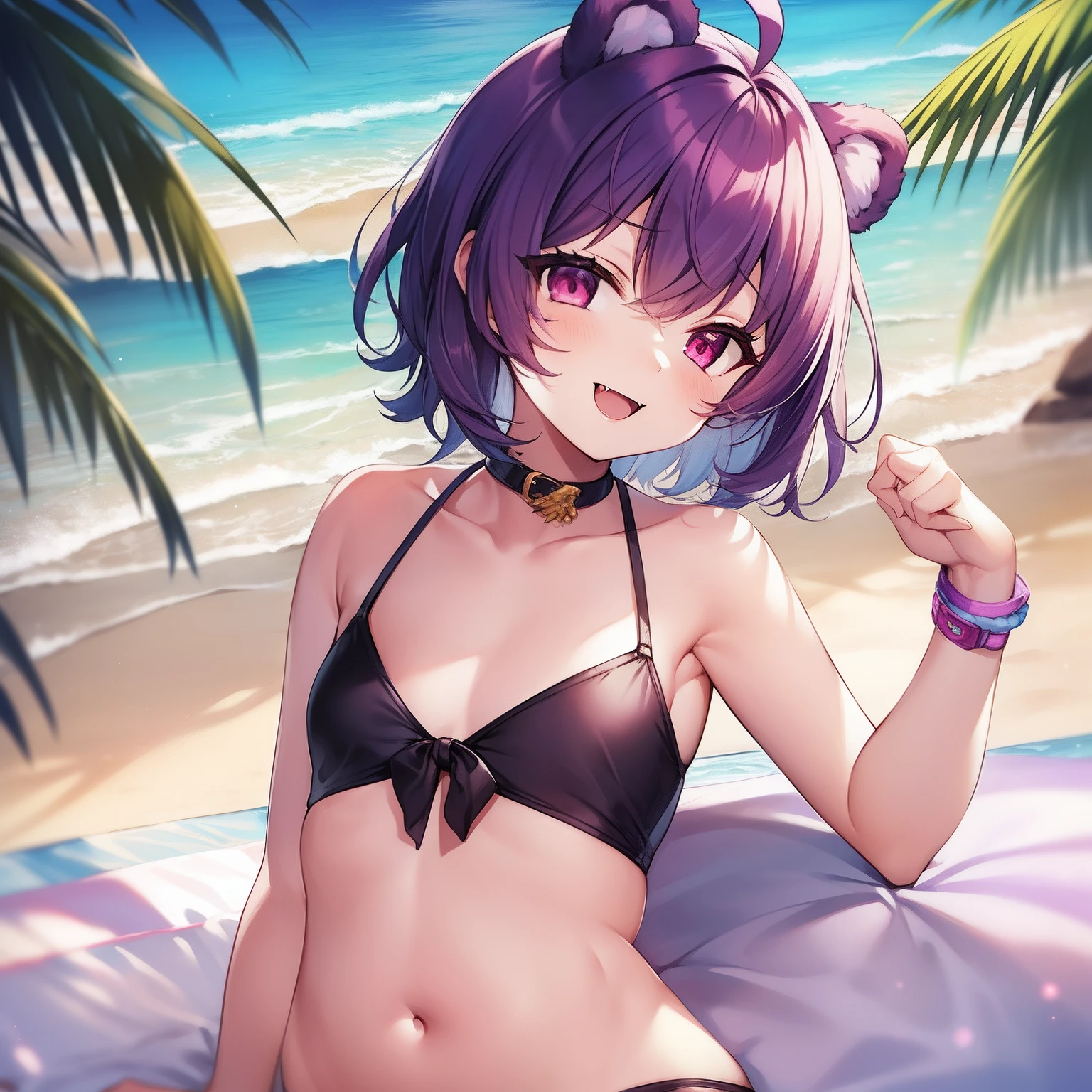 1girl, solo, animal ears, pose, happy, smiling, fangs, purple bear ears, purple hair, ahoge, bangs, short hair, original character, pink eyes, magenta eyes, red eyes, multicolor eyes, short hair, wavy hair, swept bangs, small breasts, flat chest, bear ears, tired, sleepy, bags under eyes, beauty mark, young, li, short eyebrows, beach background, pale, swimsuit, tropical, summer, scenery, beautiful, 10k ultra hd, beach, island, sunny, chubby, stomach, belly