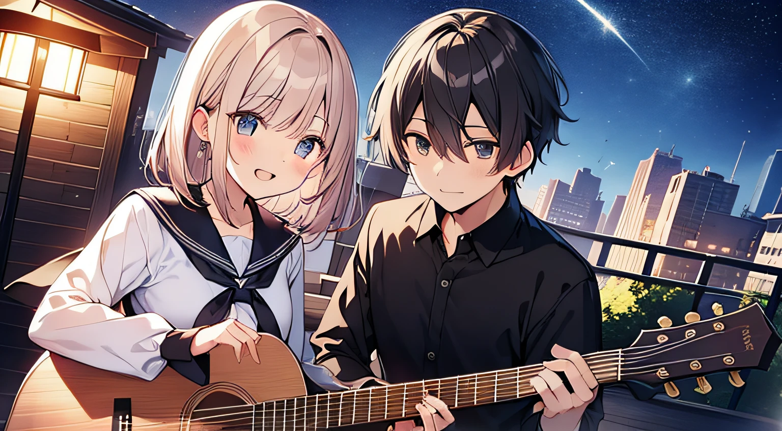 masutepiece, Best Quality,Illustration,Beautiful detailed eyes, acoustic guitar、On the rooftop、Schools、youthfulness、a couple、Beautiful men and women、校服,nighttime scene、shooting stars,A dark-haired