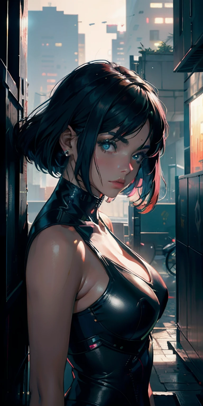 Photo of a 25-year-old girl, RAW, mujer hermosa, (cabello negro corto), ((retrato)), ((cara detallada: 1.2)), ((rasgos faciales detallados)), (piel finamente detallada), (vestido de acero cyberpunk de escote profundo y alto detallado), entorno de megaciudad cyberpunk, (cold colors), humid, humid, reflejos, (obra maestra) (perfect ratio)(foto realista) (mejor calidad) (detallado) fotografiado con una Canon EOS R5, Lente de 50 mm, F / 2.8, HDR, (8k) (papel tapiz) (cinematography lighting) (dramatic illumination) (foco nítido) (intrincado)