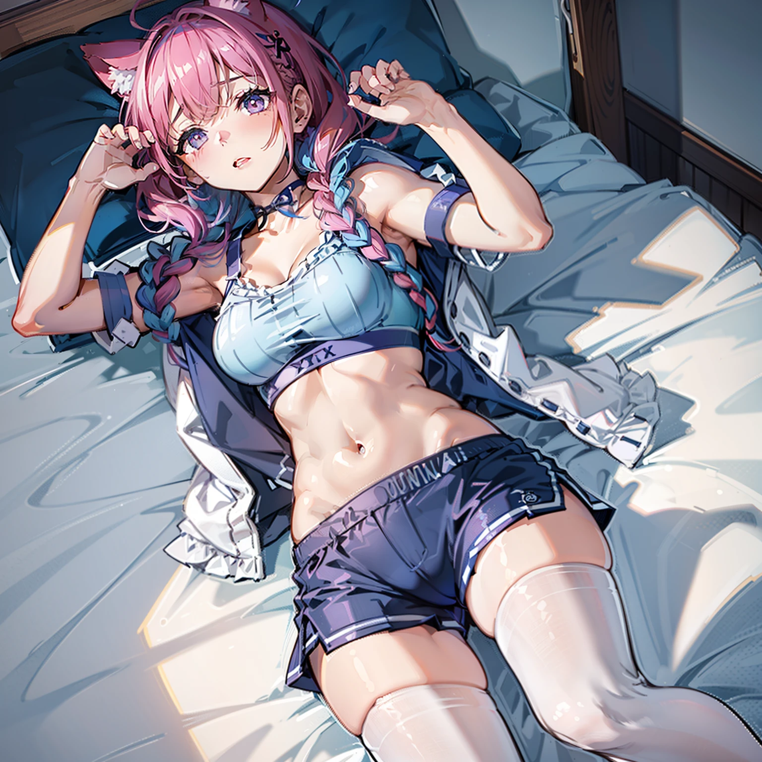 Light blue twin-tailed woman lying on bed、A look of shame、Sportsbra、Short pants、Navel out、（Messy light）、（Best Highlights）、（Best Shadows）、（highestdetailed）、（Highest image quality 8K）、（masutepiece）