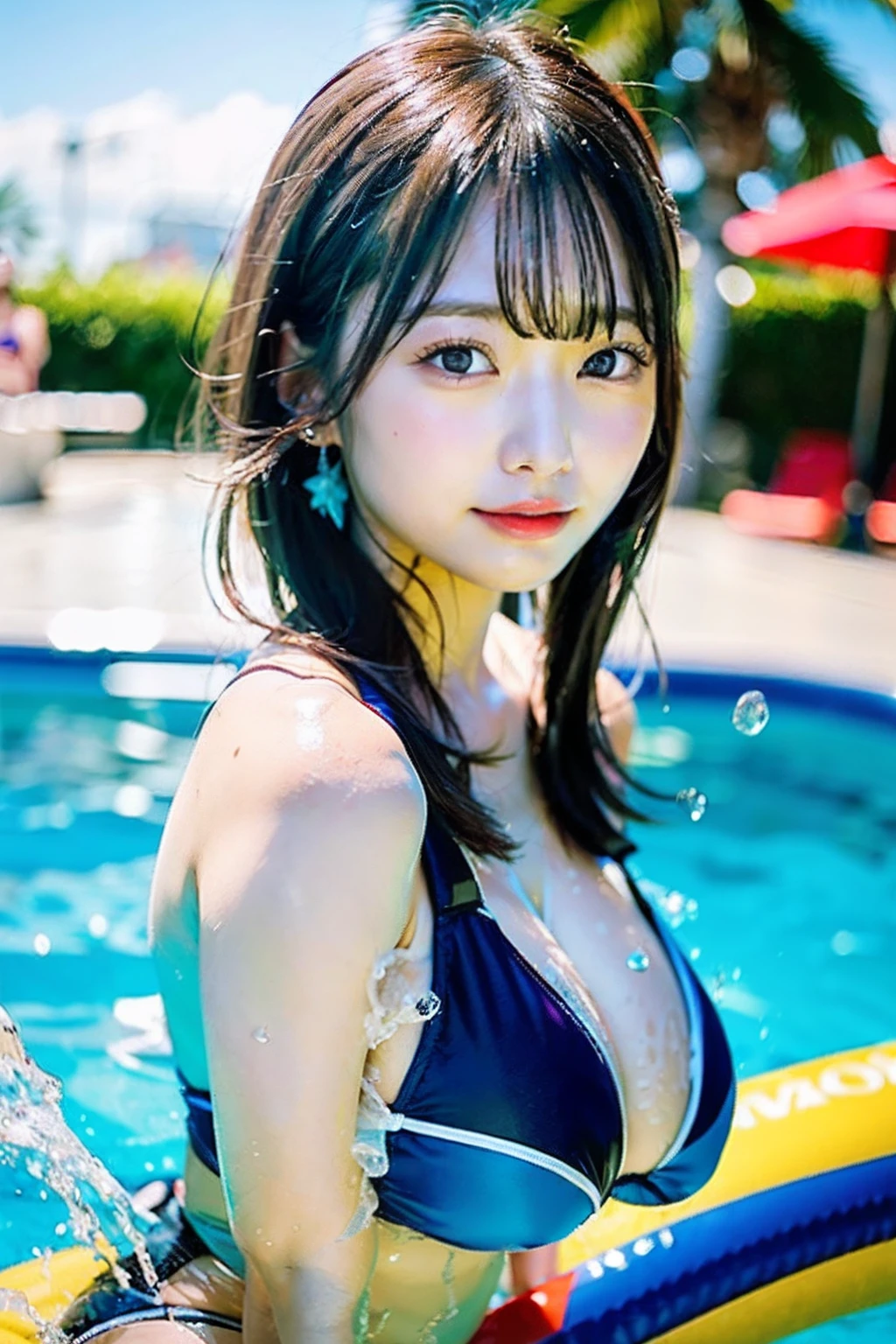 Best Quality、8K.A girl playing in the water，(of a real:1.5)，A detailed face、Seductive face、Beauty face、Red moisturizing lips wet light hair,Girl Huge breasts，（Detailed water park：1.5）Giant water park slide，18year old，Very nice colorful bikini swimsuit，There are many men and women in swimsuits on a blurry background、A bracelet