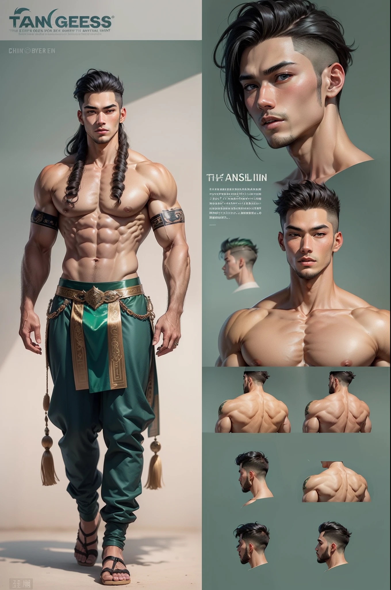 male gods fantasy, the first to appear tall as a god, short hair, character design sheet, different poses, different angles, 1boy, single, asian boy, handsome, reference sheet, perfect face, hansome face, 1.85 tall, shaved, chinese outfit, muscle body, athletic body. (Blue perfect eyes), (long hair), (long bangs), (green hair), (tanned skin), background simple