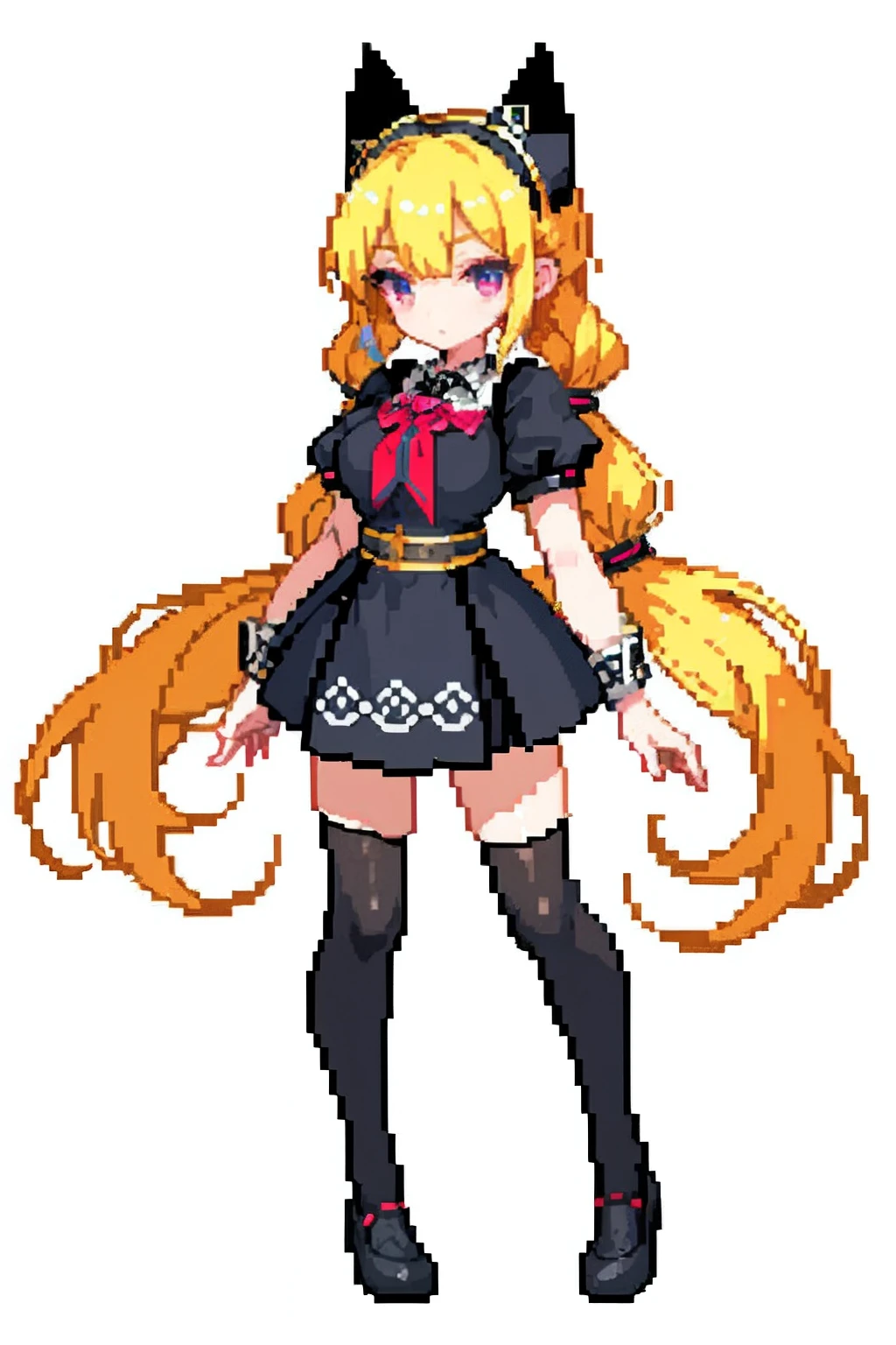 (masterpiece、top-quality、top-quality)、pixels、Pixel art、Loose blonde braided twintails、Pink eyes、One girl、Obscene black bondage costume、full body Esbian、large boob、Black Knee High Socks