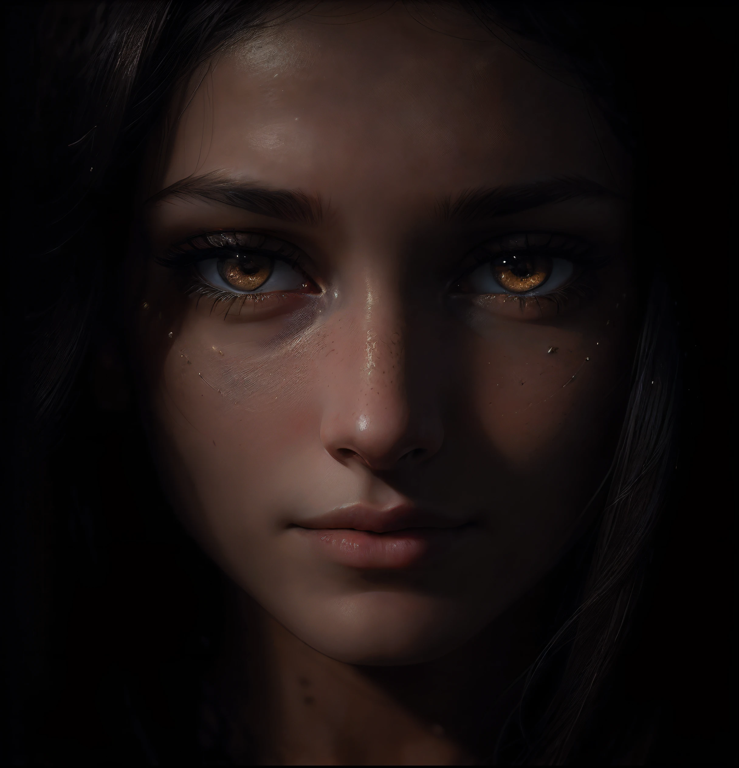 (close-up, editorial photograph of a 21 year old woman), (highly detailed face:1.4) (smile:0.7) (background inside dark, moody, private study:1.3) POV, by lee jeffries, nikon d850, film stock photograph ,4 kodak portra 400 ,camera f1.6 lens ,rich colors ,hyper realistic ,lifelike texture, dramatic lighting , cinestill 800, --auto