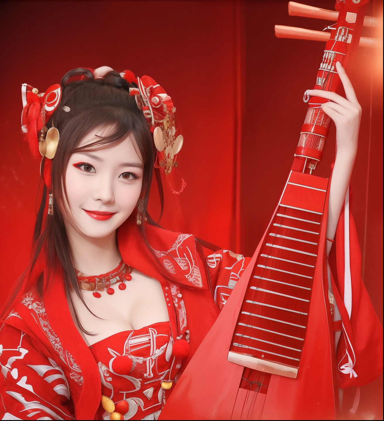 Smiling woman in traditional dress with red musical instrument
