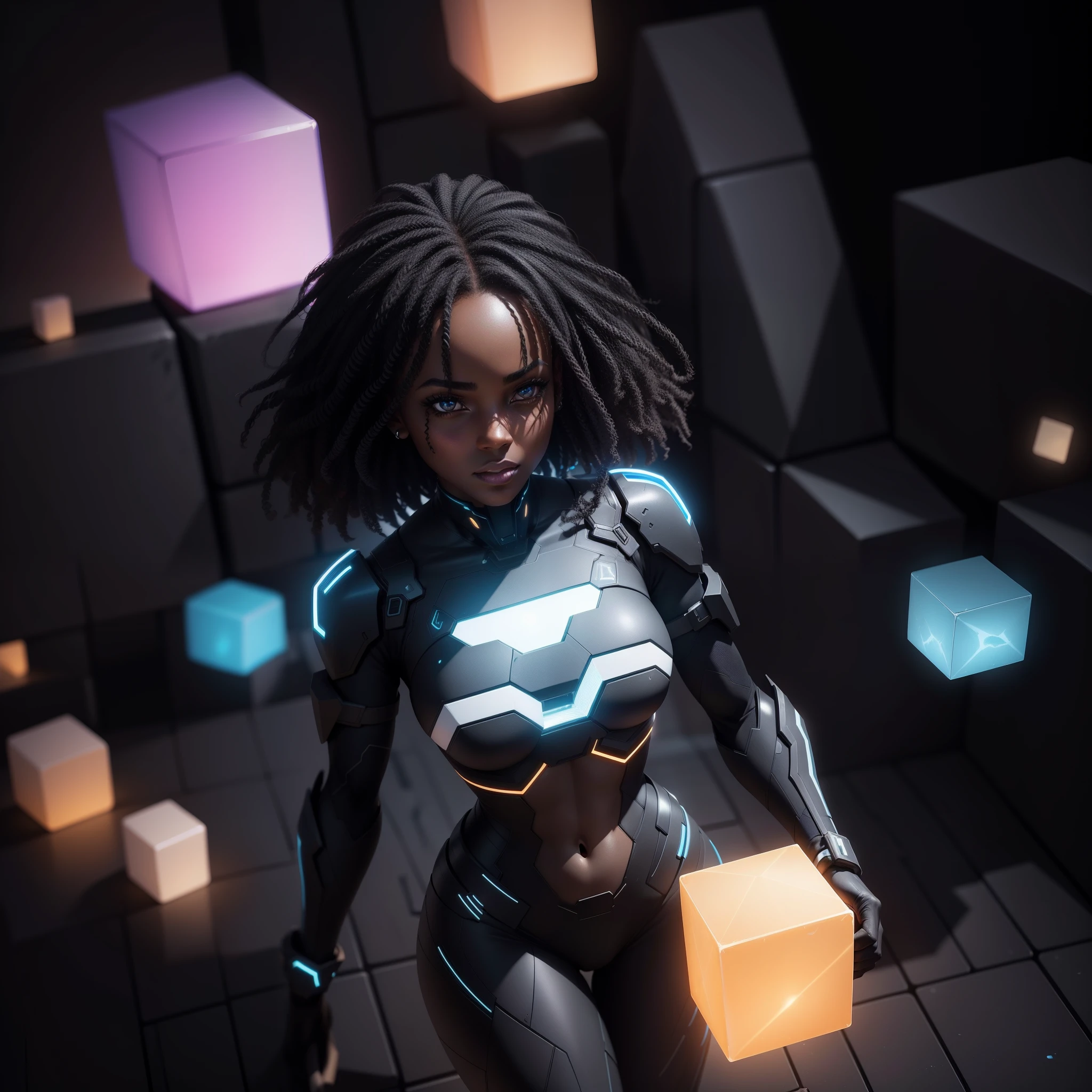 a bunch of cubes in a shape of a black woman with a light on them, abstract blocks, with iridescent light, highly detailed images, vibrant beautiful colours, photorealistic image, 8k, ultra HD, unreal engine rendered, cinematic lighting, artgerm style,