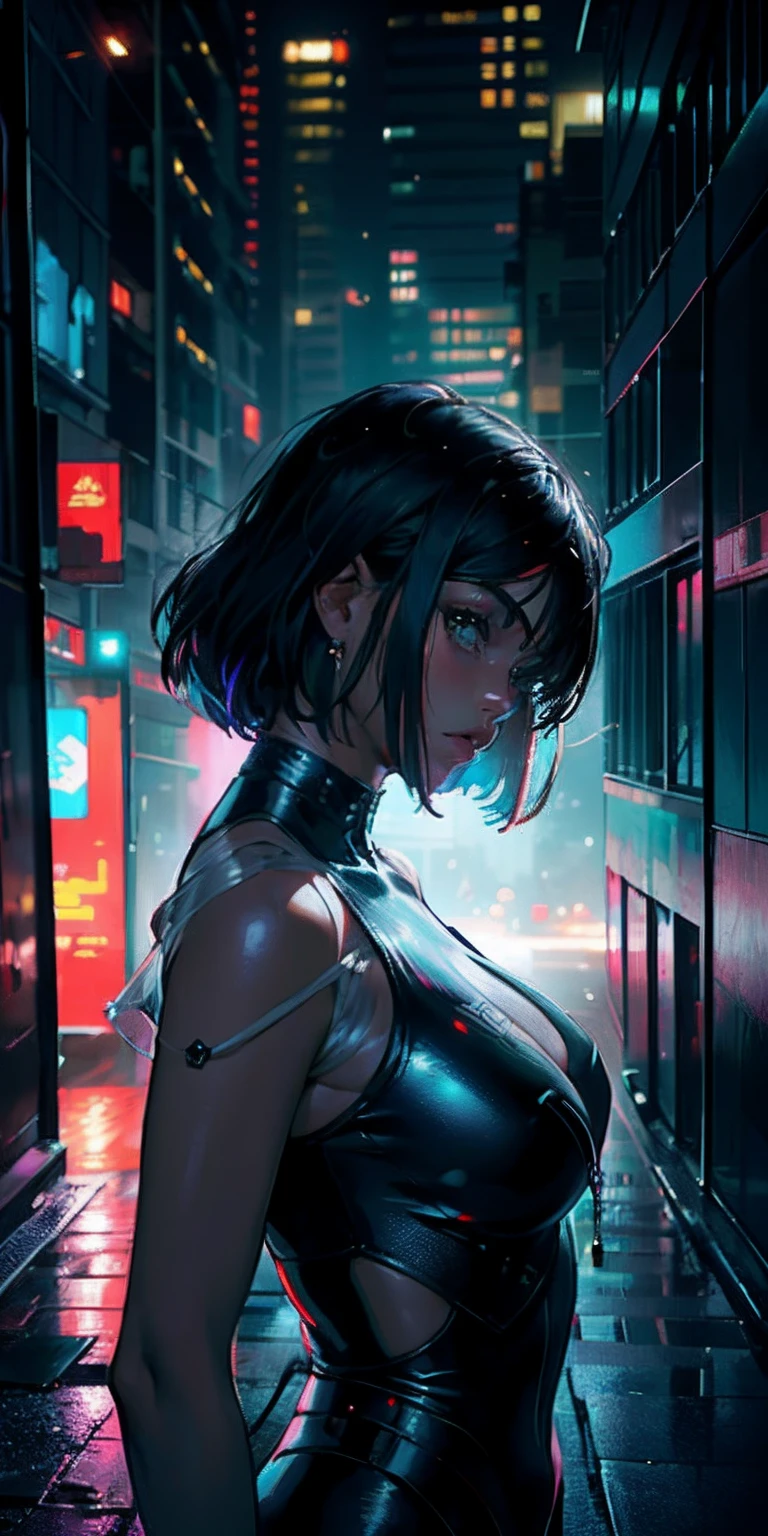 Photo of a 25-year-old girl, RAW, mujer hermosa, (cabello negro corto), ((retrato)), ((cara detallada: 1.2)), ((rasgos faciales detallados)), (piel finamente detallada),  (vestido de acero cyberpunk de escote profundo y alto detallado), entorno de megaciudad cyberpunk, (cold colors), humid, humid, reflejos, (obra maestra) (perfect ratio)(foto realista) (mejor calidad) (detallado) fotografiado con una Canon EOS R5,  Lente de 50 mm, F / 2.8, HDR, (8k) (papel tapiz) (cinematography lighting) (dramatic illumination) (foco nítido) (intrincado)