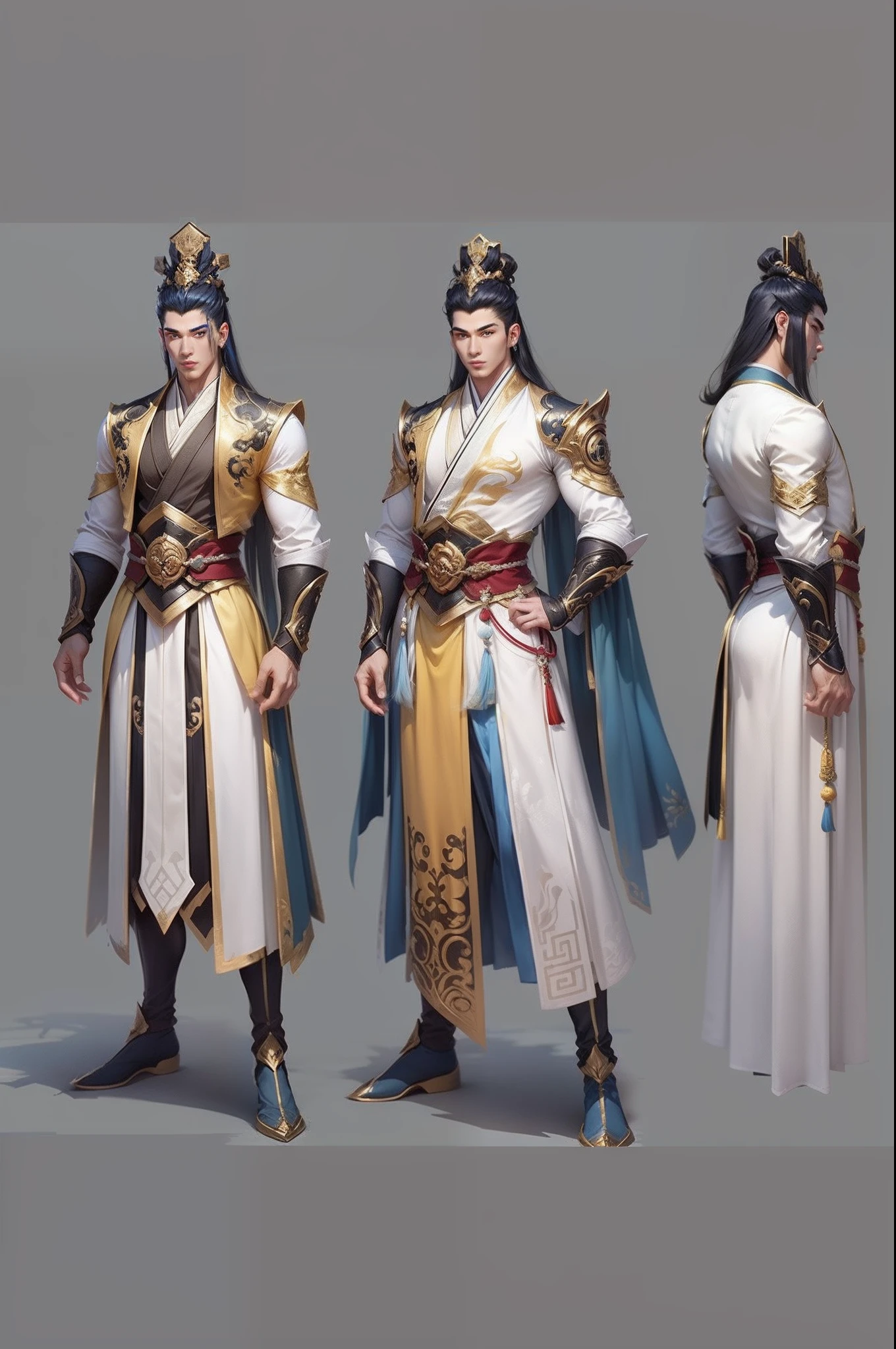 male donghua fantasy, god of ice and is the first to appear tall as a god, short hair, character design sheet, different poses, different angles, 1boy, single, asian boy, handsome, reference sheet, perfect face, hansome face, 1.85 tall, shaved, gods chinese donghua outfit, muscle body, athletic body. (Blue perfect eyes), (long hair), (long bangs), (blue  hair), (tanned skin), background simple