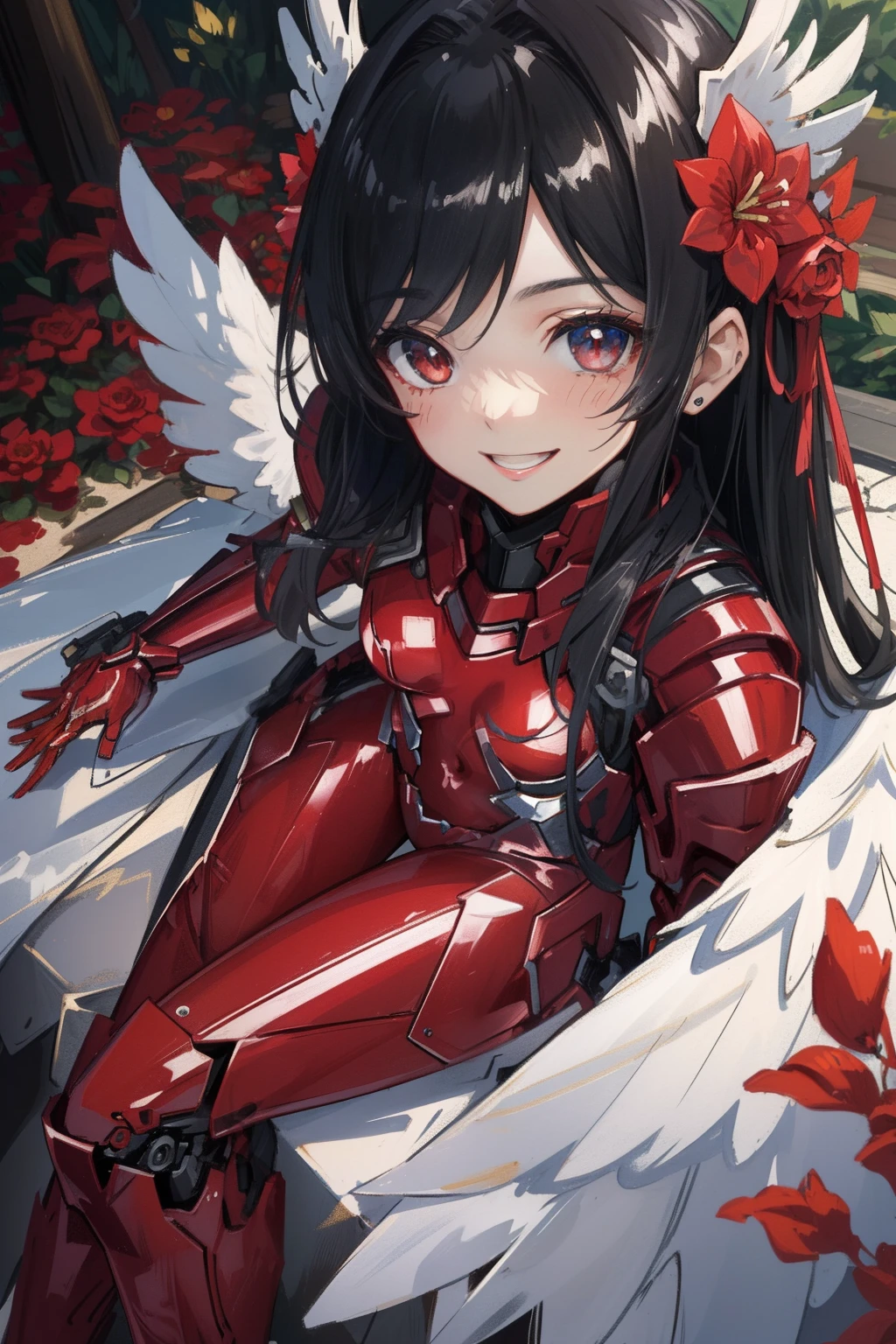 (master piece, Best Quality), Intricate details, valkyrie, kawaii, (((Cheerful smile))), Opens mouth and laughs, Hand up, Looking at Viewer, Feather Headgear, night, (((red flower garden))), Sitting, student,
1girl in, Solo, Realistic, ultra-detailliert, (Shiny skin:1.4), Absurd, slender, Dynamic lighting, High resolution, Sharp Focus, depth of fields, Detailed eyes, Sharp pupils, Realistic pupils, (Small breasts:1.6), (thick thighs:1.0),
Portrait, swept bangs, black Hair, drooping eyes, Crimson thighs, Deep Red Detached Single Sleeve, Robot joints, Deep Red Gloves, Deep Red Bodysuit, Deep Red Reinforced Suit, Closed feather wings, pantyhose, Deep Red Full Armor, flower decoration,