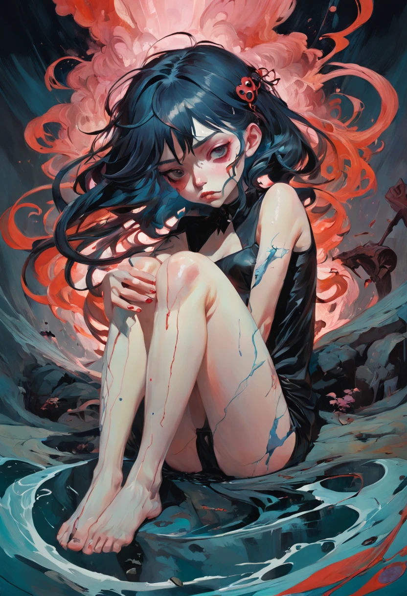 Sad girl. Breakcore. In the style of Adrian Ghenie, Esao Andrews, Jenny Saville, Edward Hopper, surrealism, Dark Art par James Jean, Takato Yamamoto, Minimalisme inkpunk. Dans le style de Tim Burton. Dans le style de Sewerslvt.
