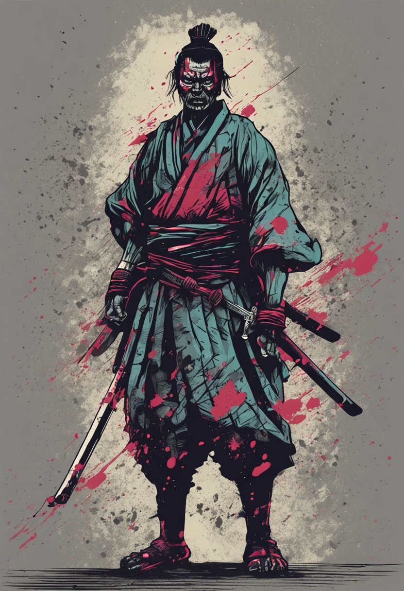 rosto de um samurai estilo zumbi com fundo sombrio e misterioso, macabre traits, scary expression, lighting dramatic, detalhes intricados, textura sombria, cores frias intensas.