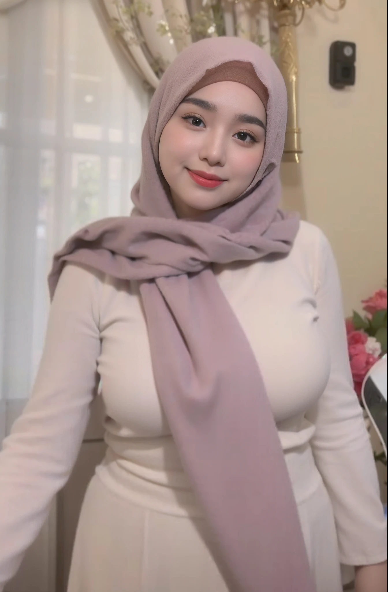 Muslim woman in white dress and hijab posing for photo, sie boob, ruan cute vtuber, Malaysia, White hijab, lovely woman, Hijab, thicc, young and cute girl, The cute catgirl is so pretty., good young girl, korean girl, Pale-skinned Persian girl, A Beautiful Girl, very beautiful girl, thick neck, she has a cute face, ((Huge Breasts)),