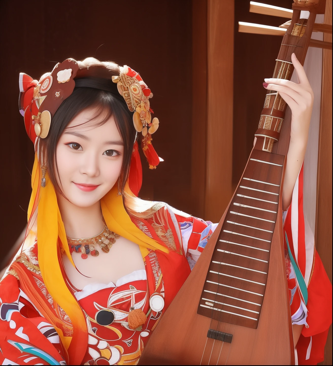 Smiling woman in traditional dress with musical instrument