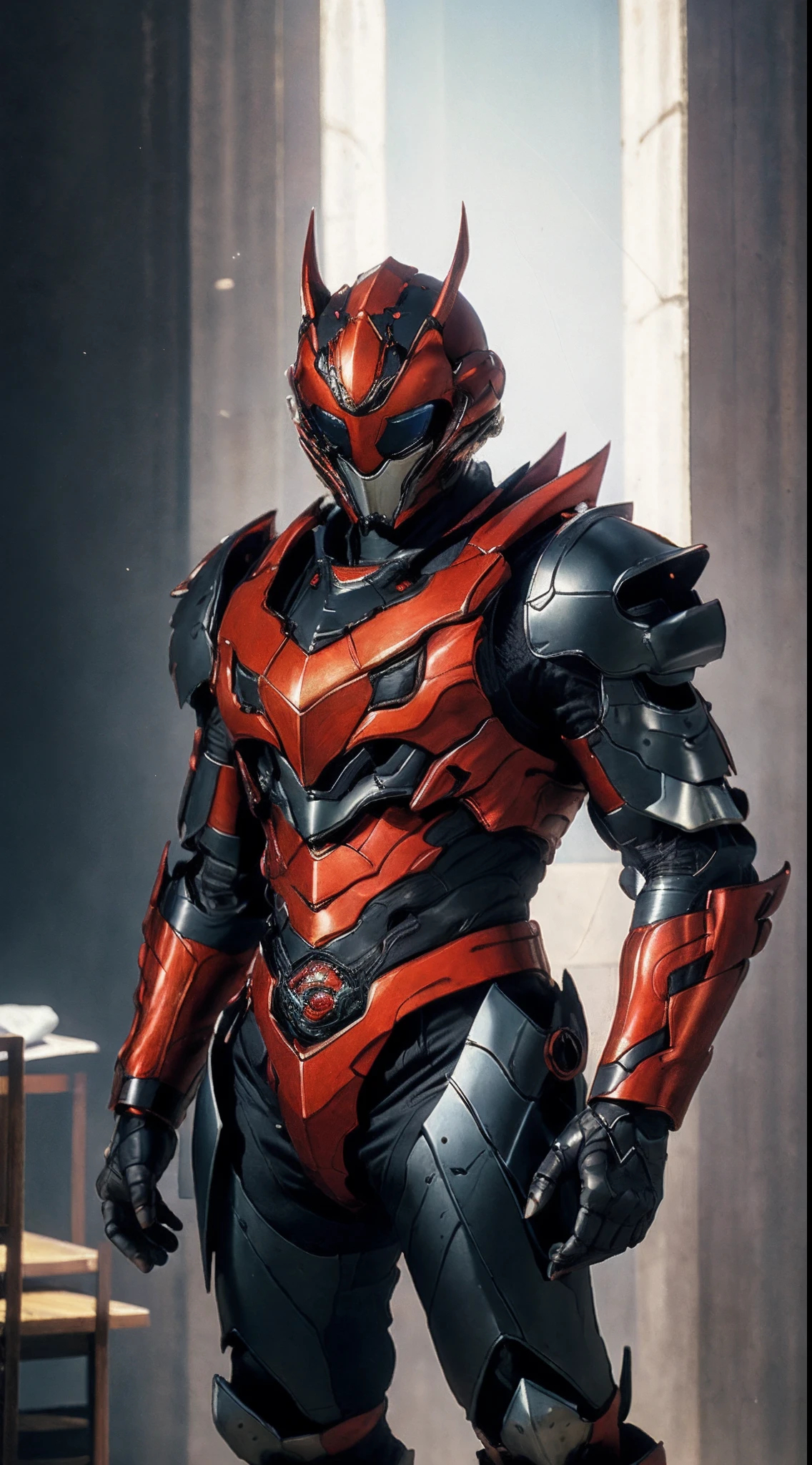A man wearing a full-face helmet that covers most of his face, adorned in a biomimetic fantasy-style armor, the predominant black color is accented with red textures in the design this character embodies a finely crafted fantasy-style armored warrior design in anime, ((character concept art)), full body character drawing, high definition, best quality, ultra-detailed, extremely delicate, anatomically correct, symmetrical face, extremely detailed eyes and face, high quality eyes, creativity, RAW photo, UHD, 16k, (Natural light, cinematic lighting, masterpiece:1.5)