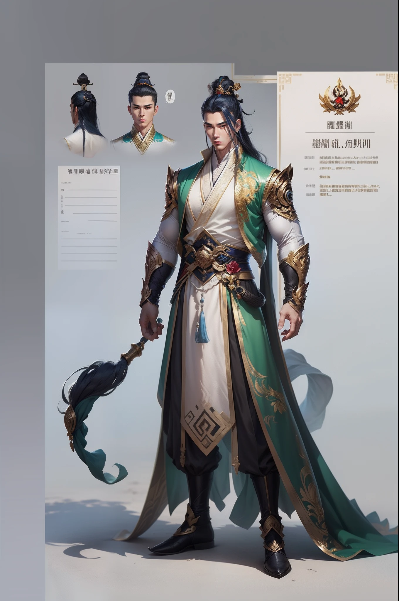 male donghua fantasy, god of ice and is the first to appear tall as a god, short hair, character design sheet, different poses, different angles, 1boy, single, asian boy, handsome, reference sheet, perfect face, hansome face, 1.85 tall, shaved, gods chinese donghua outfit, muscle body, athletic body. (Blue perfect eyes), (long hair), (long bangs), (blue  hair), (tanned skin), background simple