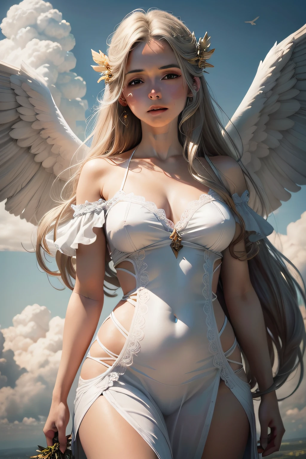 Beautiful powerful angels in the sky among the clouds and ràios relevant realistic