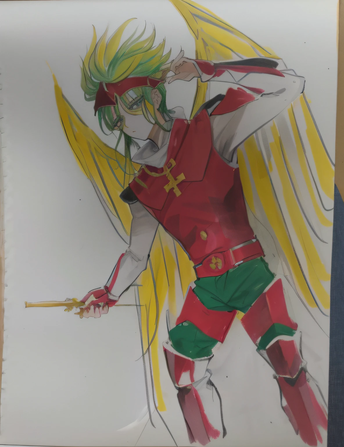 desenho de um anjo com um cabelo amarelo esverdeado e armadura de rubi vermelha segurando um crucifixo, inspirado no Arcanjo Miguel do Cristianismo, desenho colorido, personagem de anime; arte de corpo inteiro, um desenho de anime, desenho colorido, Deus grego no estilo mecha, arte tradicional, high quality colored sketch, inspirado em Philipp Veit, inspirado em Hiromu Arakawa, hisoka from hunter × hunter