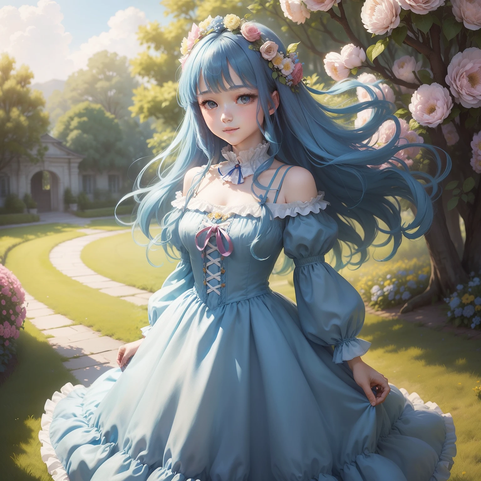 (masterpiece、top-quality、illustratio、Extremely high quality、high-level image quality、Extremely sensitive writing)Blue-haired long-haired girl standing in beautiful flowery garden、A slight smile、She has a large bouquet、Cute national costume style dress with ruffles on the shoulders、Hair fluttering in the wind