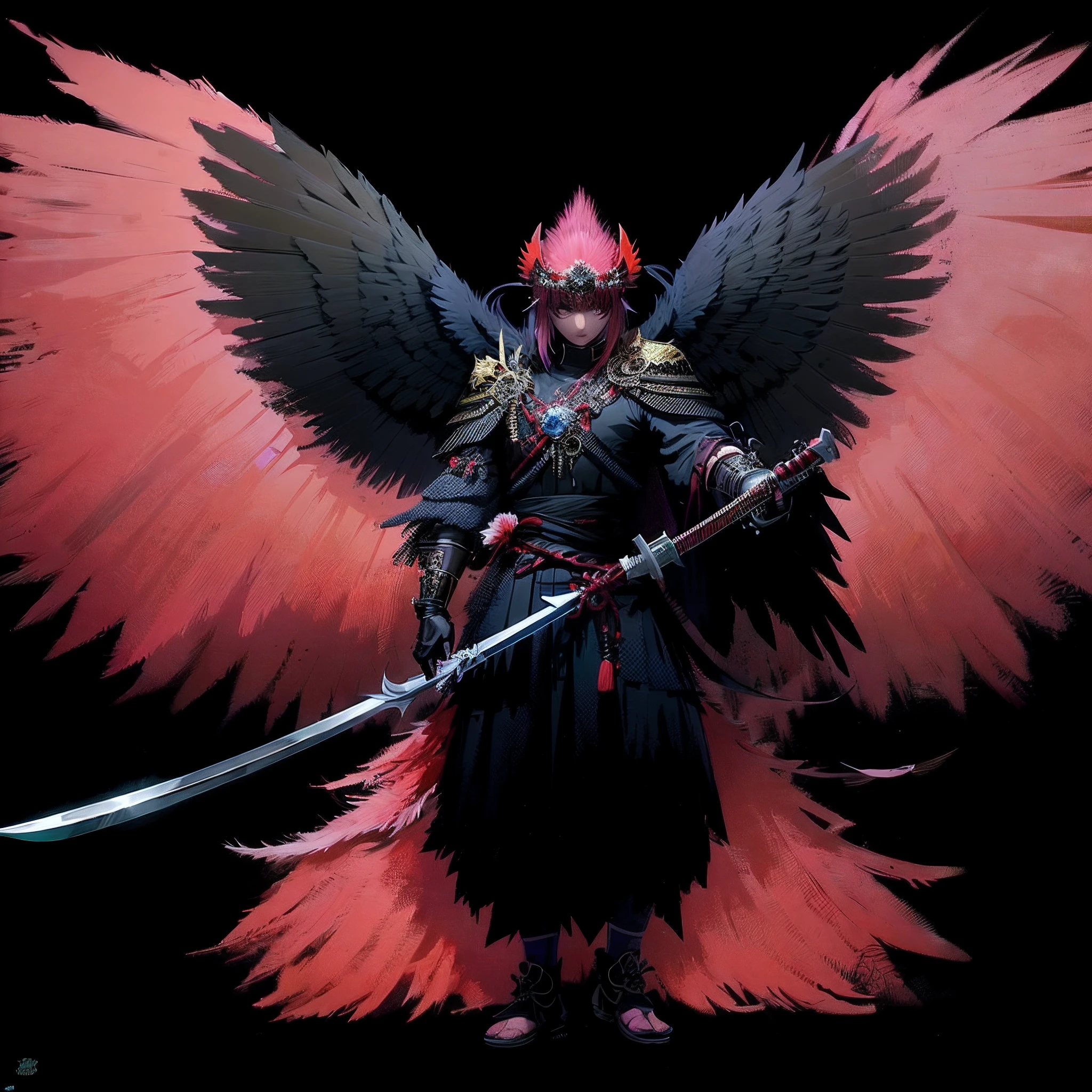 imagem arafed de um homem com uma espada e asas, avian warrior, Demon Samurai, Arqueiro alado, demon samurai warrior, anthropomorphic raven knight, Epic Fantasy Digital Art Style, black aarakocra eagle warlord, epic fantasy character art, 2. 5 d cgi anime fantasia arte, phoenix warrior, epic exquisite character art, asas de penas escuras
