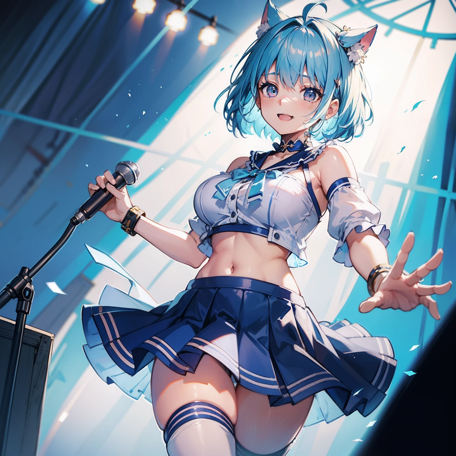 Light blue hair woman singing song、A look of shame、A big smile、idol、Short skirt、Navel out、（Messy light）、（Best Highlights）、（Best Shadows）、（highestdetailed）、（Highest image quality 8K）、（masutepiece）