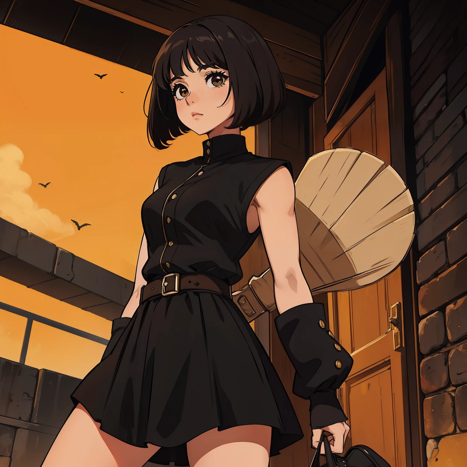 una chica, cabello corto, cabello blanco,  alta, delgada, Ropa sexy, vestuario negro, botas altas, mallas, negra, piel clara, brown eyes, Orejas de conejo, detallado, anime, alta calidad