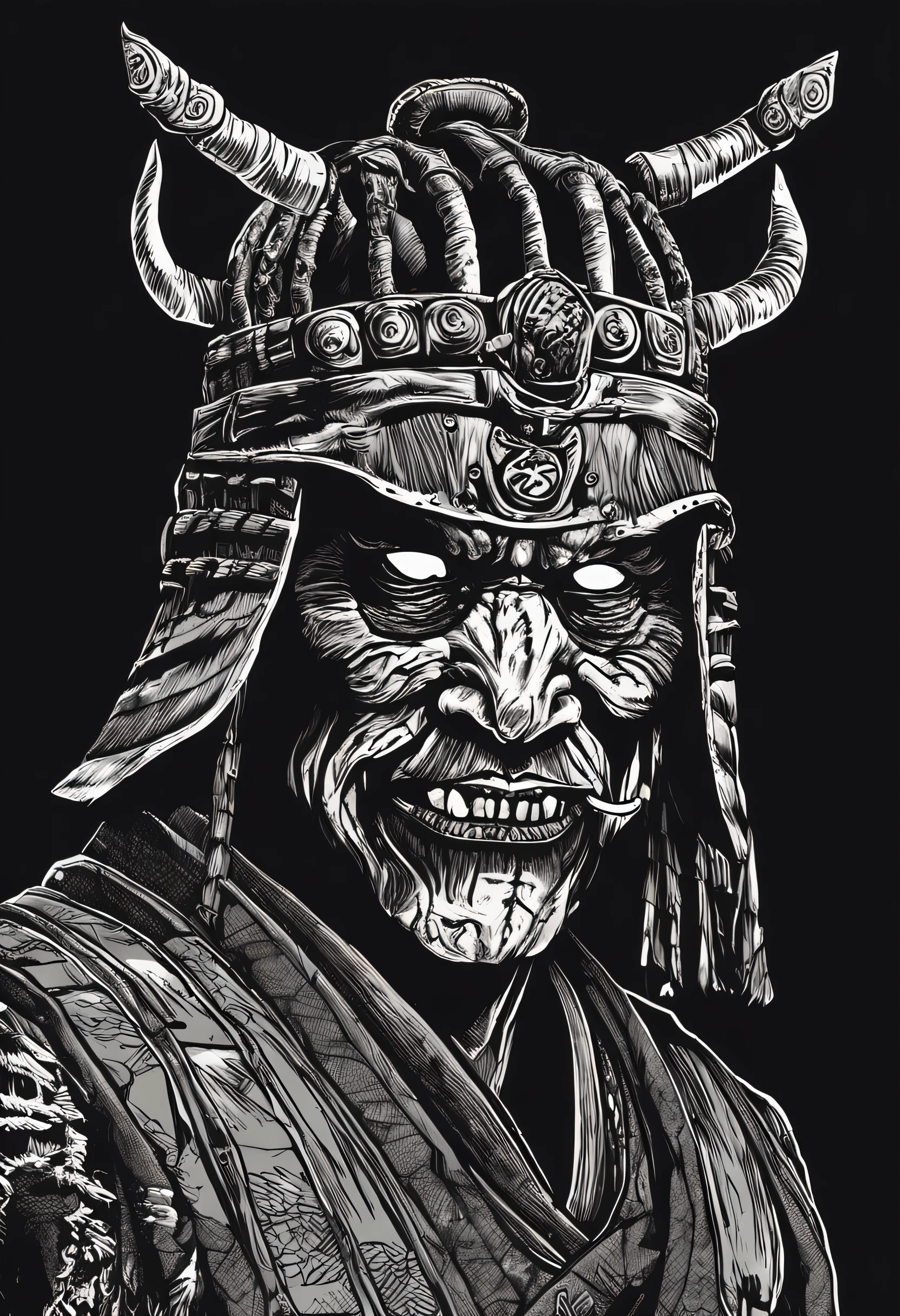 rosto de um samurai zumbi com fundo preto, estilo tenebroso e sombrio, menacing expression, olhos brilhando, cicatrizes proeminentes, nevoeiro sinistro ao redor do samurai, detalhes macabros no rosto, rosto estilizado com sombras profundas, alto contraste.