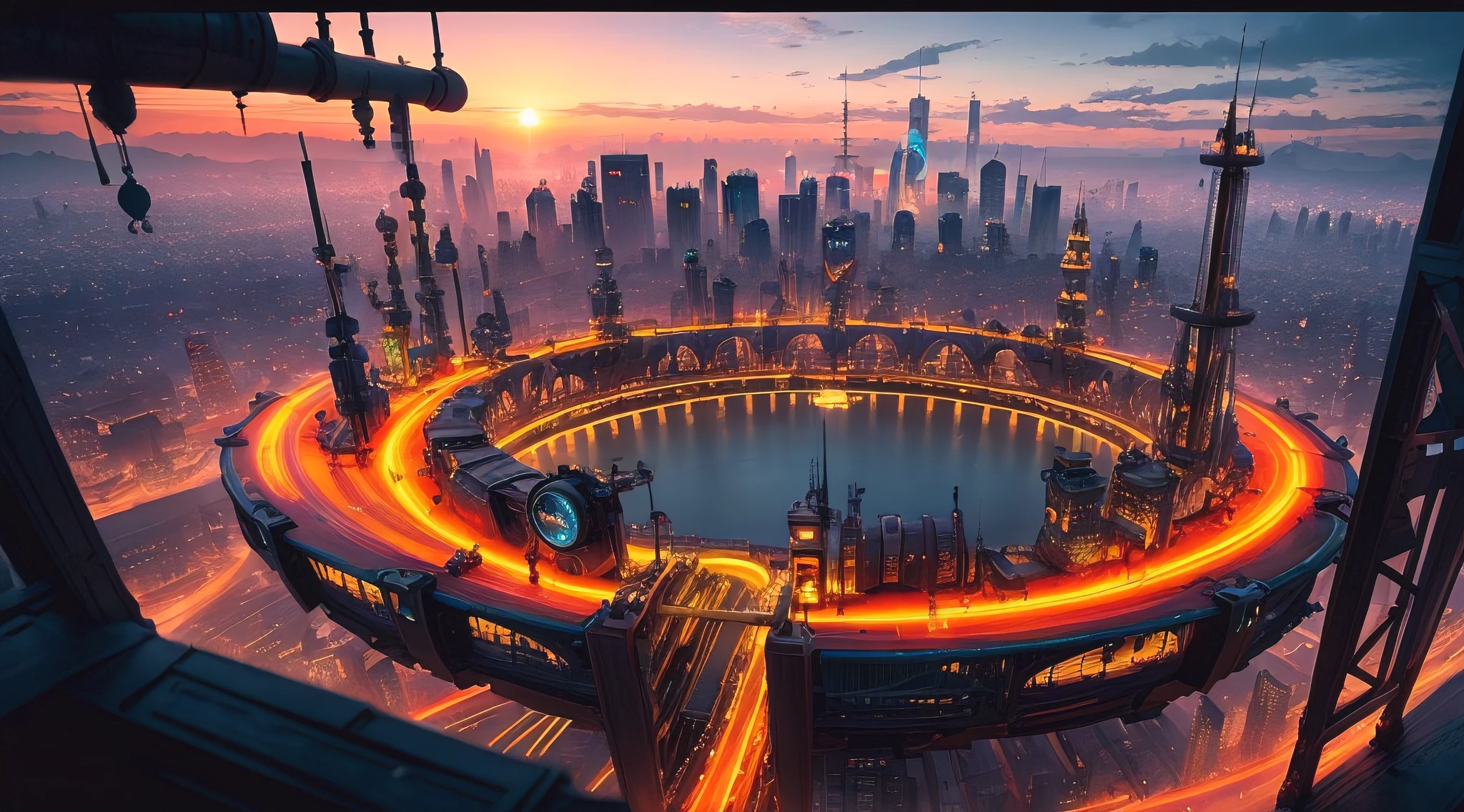 serene sunrise moments, Futuristic AI-powered cities, panoramic view, (vivid colors:1.4), steampunk machinery, best quality, (masterpiece:1.2), (intricate details:1.2), vivid colors:1.5
