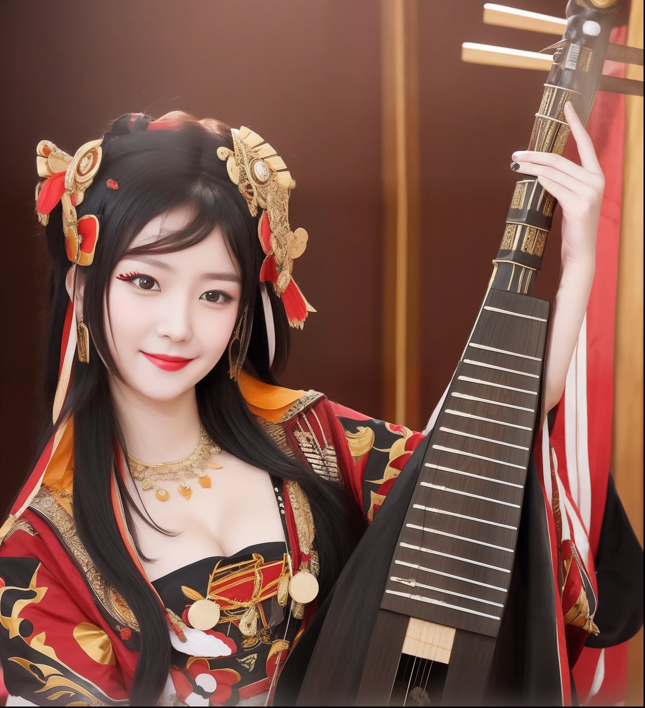 Smiling woman with black hair in traditional dress holding musical instrument