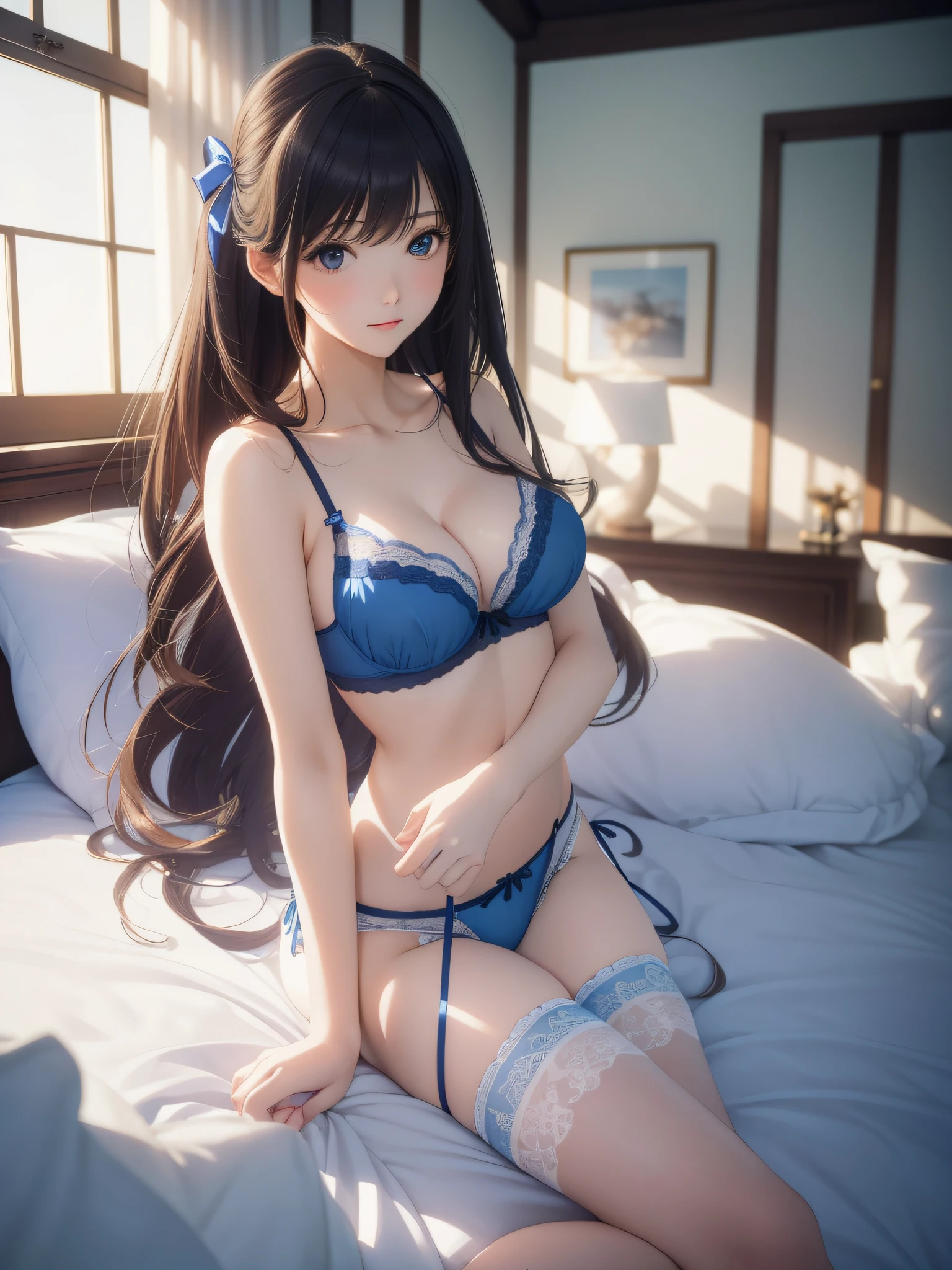 master piece, best qualtiy, (Lifelike, Photorealsitic:1.37), in 8K, extremely delicate and beautiful, astonishing, finely detail, officlal art, absurderes, Incredibly ridiculous, hugefilesize, Hyper-detailing, ighly detailed, Beautiful detailed girl, Of Japanese,1girl in, (Perfect female body), full bodyesbian, middlebreasts, (Soft Focus: 1.5), Sleeping girl, 26 years old, she is wearing blue panty, she is wearing blue pajama, she is wearing blue bra, long brown hair, rich lighting, room lighting, (solo), dynamic pose, (slim legs), garter stocking