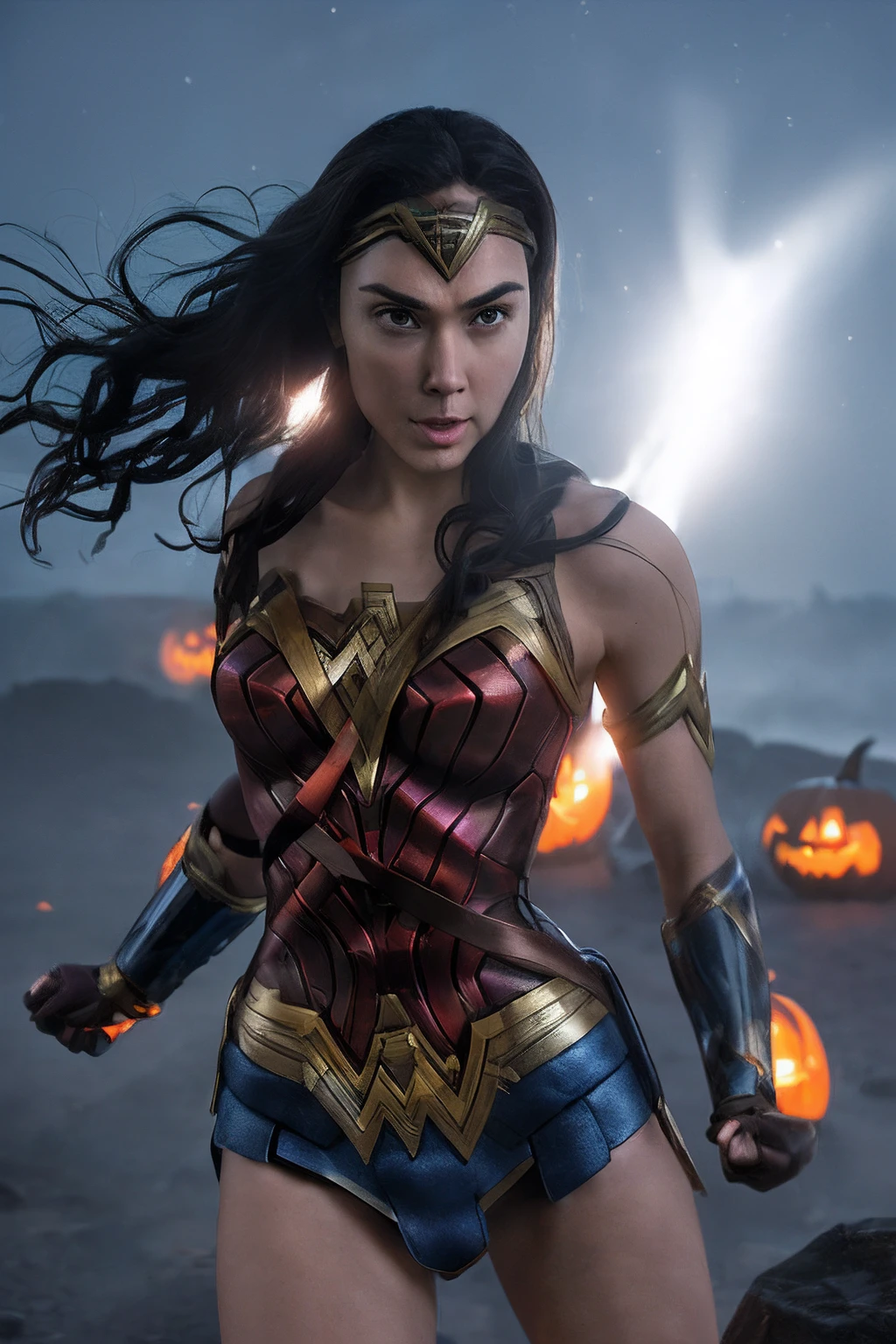 (((Wonder Woman long black hair silver metal diaema with a red star on her forehead blue eyes with part of her side head shaved)))on his knees screaming in a cemetery full of skulls and snakes blood around him))),(((Wonder Woman red corset and light blue pants in snake leather with many stars))),(((Red knee high boots)))