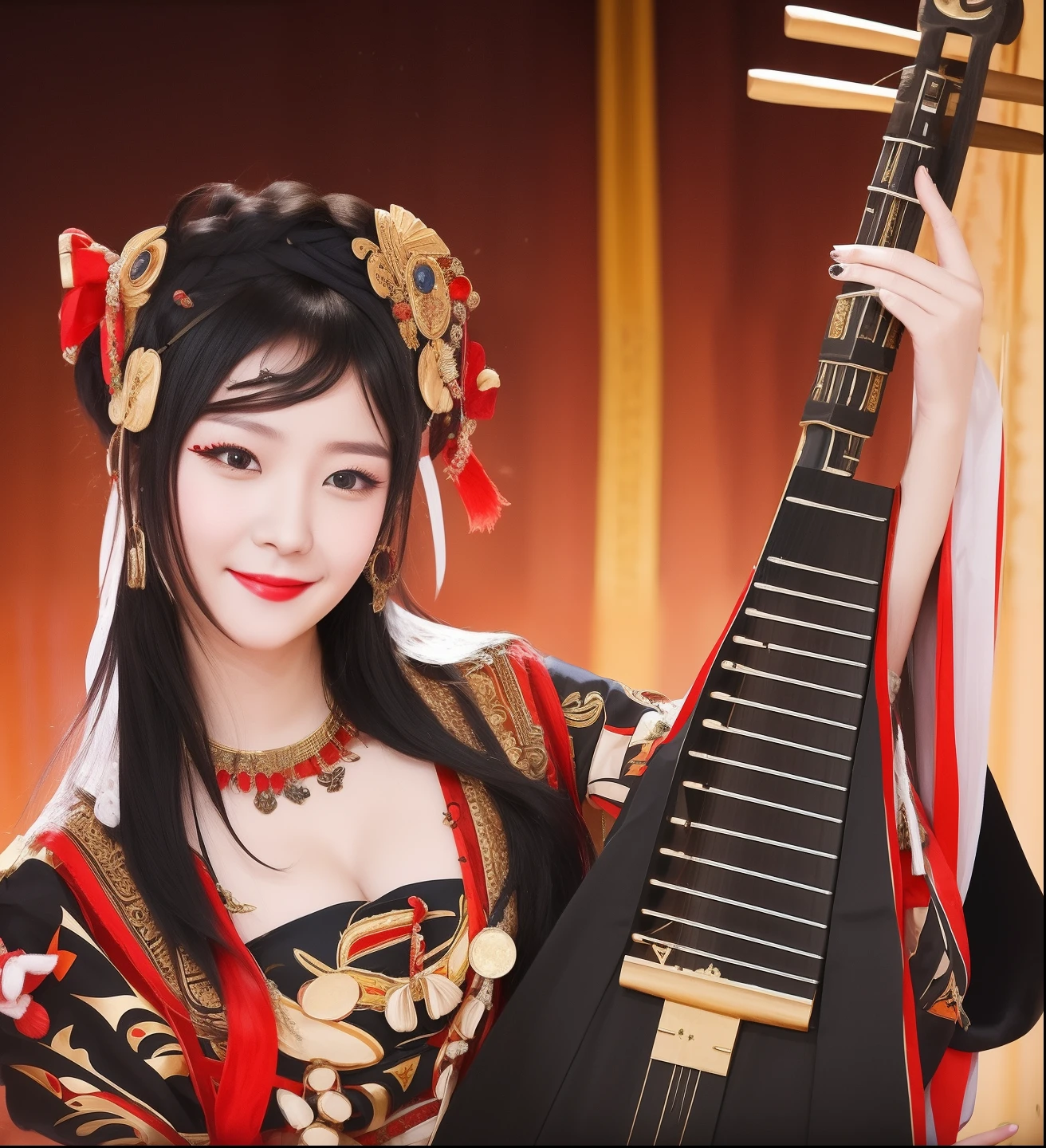 Smiling woman with black hair in traditional dress holding musical instrument