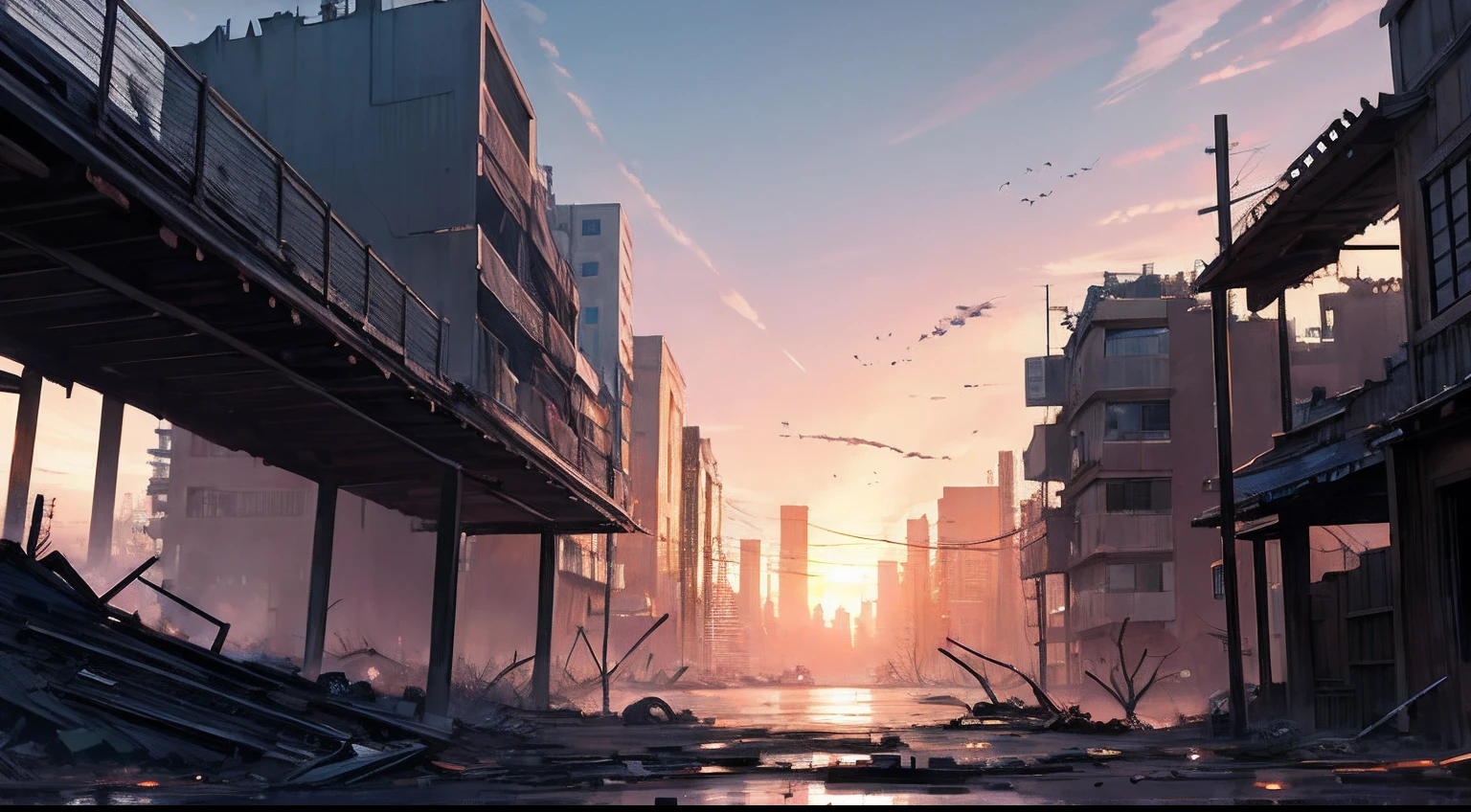 (masutepiece, beautiful detail, Best Quality), no person, dystopian, ruined and devastated city, Sunset sky, Clean sky, Faraway view