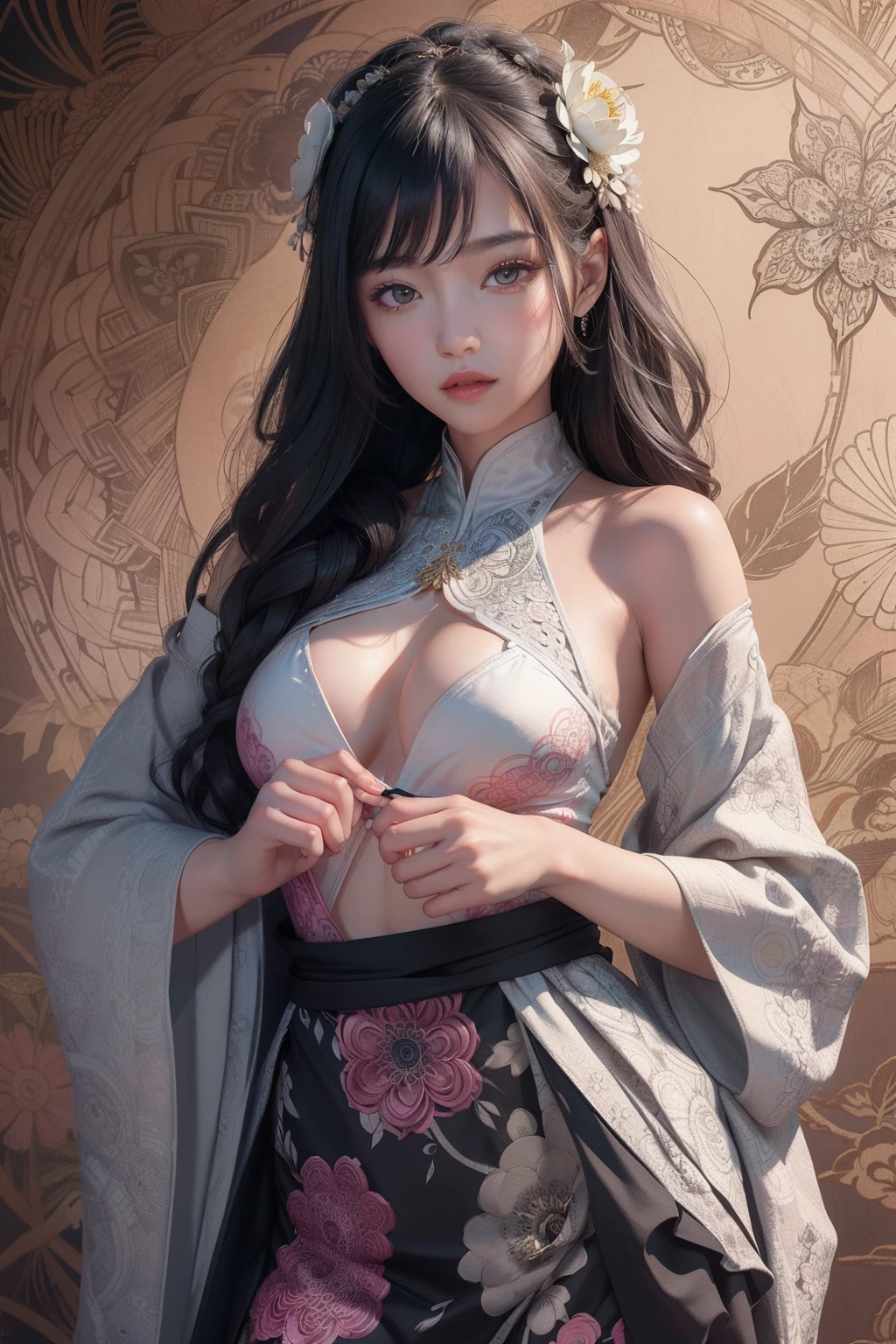 1girl, 独奏, from waist up, (Zentangle, a Mandala, Tangle, Entangle), (flower blossom:1.2) Official Art, unity 8k wall paper, ultra-detailliert, aesthetic, masterpiece, top-quality, Photorealsitic、french revolution