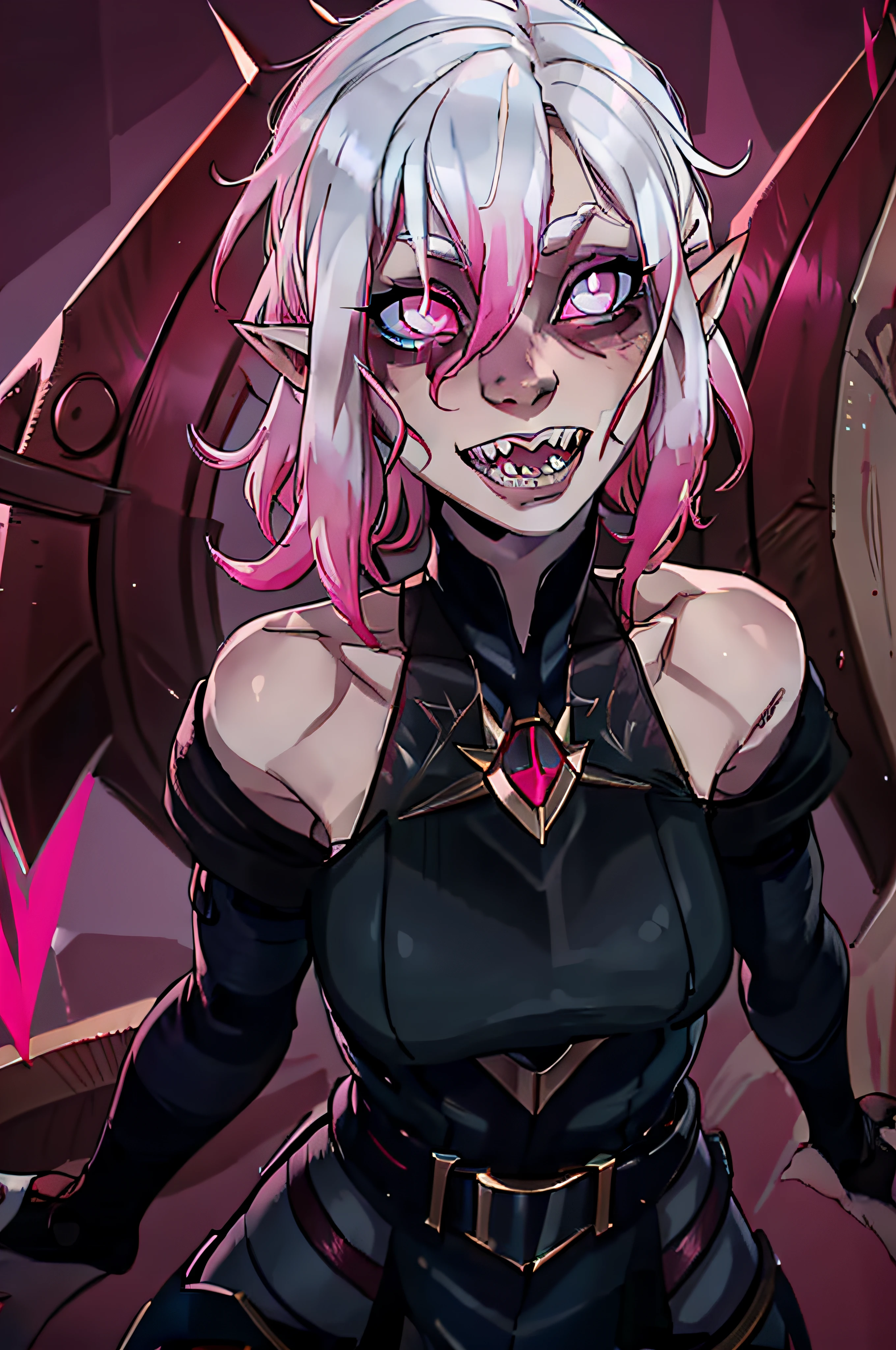 briar evbriar pillory hemolith briar, solo, 1girl, gradient hair, pink sclera, white hair, short hair, multicolored hair, grey skin, colored sclera, silver eyes, pointy ears, hair between eyes, briar, 1girl, solo, glowing, glowing eyes, hair between eyes, pillory hemolith, multicolored hair, teeth, colored sclera, sharp teeth, colored skin, silver eyes, pink sclera, bare shoulders, gradient hair, pink hair, short hair, grey skin, bangs, pointy ears, black outfit, white hair evbriar, solo, teeth, pointy ears, sharp teeth, pink eyes, holding, glowing eyes, open mouth, glowing, colored skin, power eyes, pink sclera, black outfit, grey skin, colored sclera, portrait, best quality, master piece, smile