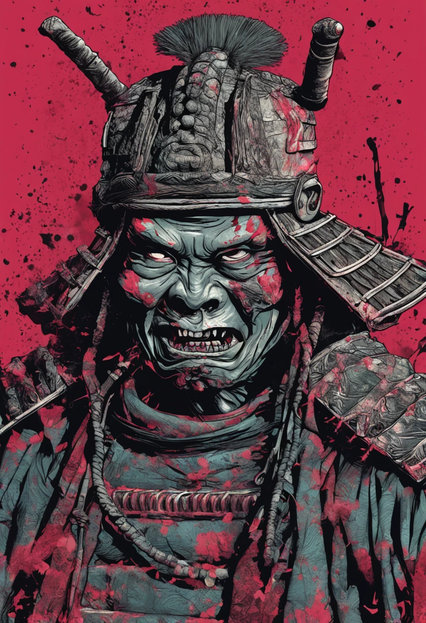 rosto de um samurai estilo zumbi com fundo sombrio e misterioso, macabre traits, scary expression, lighting dramatic, detalhes intricados, textura sombria, cores frias intensas.