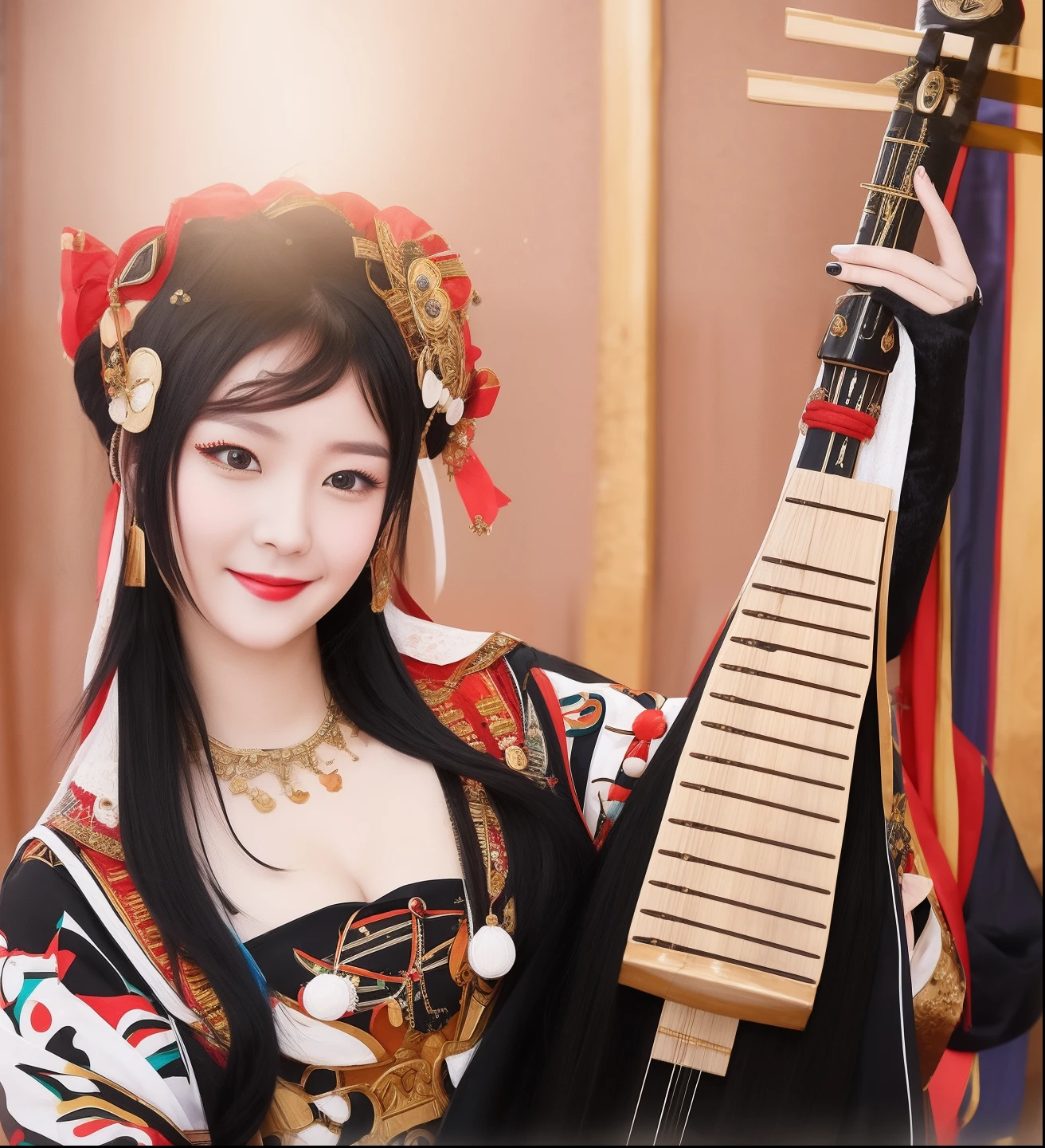 Smiling woman with black hair in traditional dress holding musical instrument
