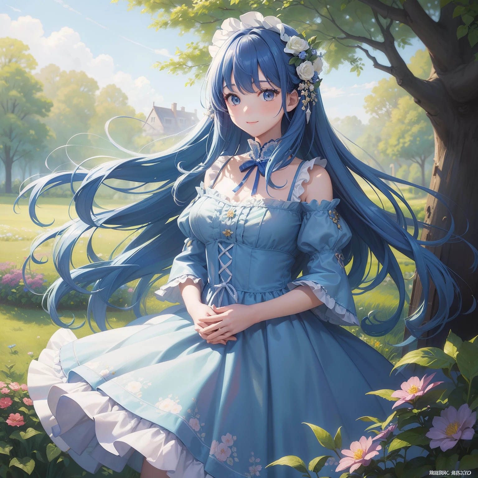 (​masterpiece、top-quality、illustratio、Extremely high quality、high-level image quality、Extremely sensitive writing)Blue-haired long-haired girl standing in beautiful flowery garden、A slight smile、She has a large bouquet、Cute national costume style dress with ruffles on the shoulders、Hair fluttering in the wind