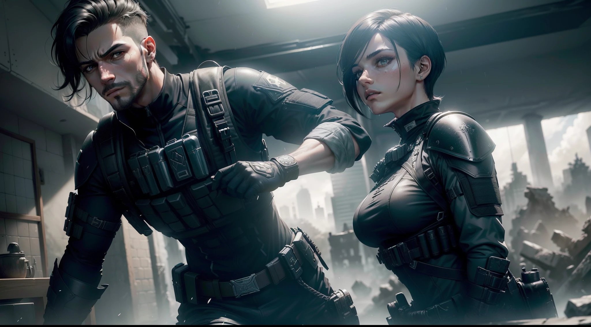 Ataque com disparos de pistolas automaticas. (papel de parede 8k da unidade CG extremamente detalhado), (obra-prima), (melhor qualidade: 1.2), (alta resolução), (illustration: 1.1), (cinematiclight: 1.1), detalhes intrincados finamente detalhados, (best illustration), 8K分辨率 , detalhes intrincados, melhor qualidade, realista, ultra-detalhado, best ilumination, melhor sombra, ultra-HD, cryengine, ultra hd, (Detailed reflection), sombras detalhadas, (((detalhes intrincados))), suave, ((perfeito shading)), textura de metal de alta qualidade, metallic luster, high detailed illustration, (semi realista: 1.6), (wide_shot: 1.2), (a partir de baixo, dutch_angle), dutch angle, ((cowboy shot)), (((1male :1.5))), (com espada), (((Athletic man))), ((viril:1.5)), ((olhos semicerrados)), (olhos cinzentos), rosto muito detalhado, (((short hair combed back: 1.1))), ((roupas pretas)), ((high quality black tactical gear, black tactical vest)), clothes swaying in the wind, (urban_tech-wear + black_gloves), (((hoodup))) , (perseguidor \\(warframe\\), ((tactical vest + Tactical equipment)), (survival gear), roupas pretas, alto botas, (casaco preto longo), (((usando capa preta rasgada altamente detalhada))), perfect hands, arcanjo, Semi-demon, fundo complicado, Dynamic camera angle, Rain of blood behind, (zona de guerra), (((high quality detailed ruins))), (profundidade de campo), ((cinematic lighthing)), ((horror)), ((fantasia sombria)), lovecraftiano, cor pontual, monotone, vermelho, sangue espirrando, (best ilumination), ( detalhes hiperintrincados), ((ultra-detalhado)), unidade 4k, (CG extremamente detalhado: 1.2), (8k:1.1), ((landscape view)), Artstation, ((por sui ishida, por Wenju))