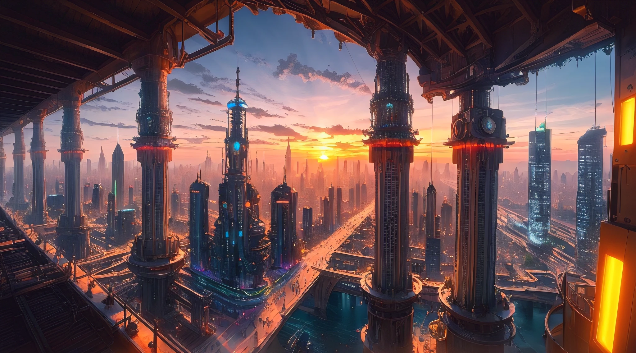 serene sunrise moments, Futuristic AI-powered cities, panoramic view, (vivid colors:1.4), steampunk machinery, best quality, (masterpiece:1.2), (intricate details:1.2), vivid colors:1.5