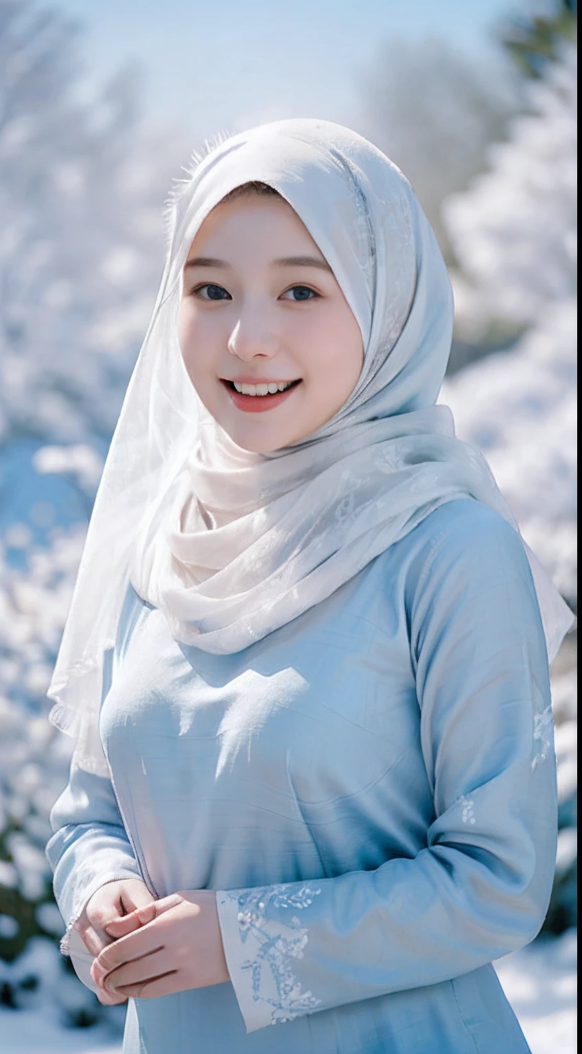 Wallpaper 8k, beautiful girl wearing hijab, naturally beautiful, pale white skin face, Korean girl hijab, wonderful hijab, elegant clothing, opening jacket, playing in the snow, making a snowman, siting on snow, smile, happy, 