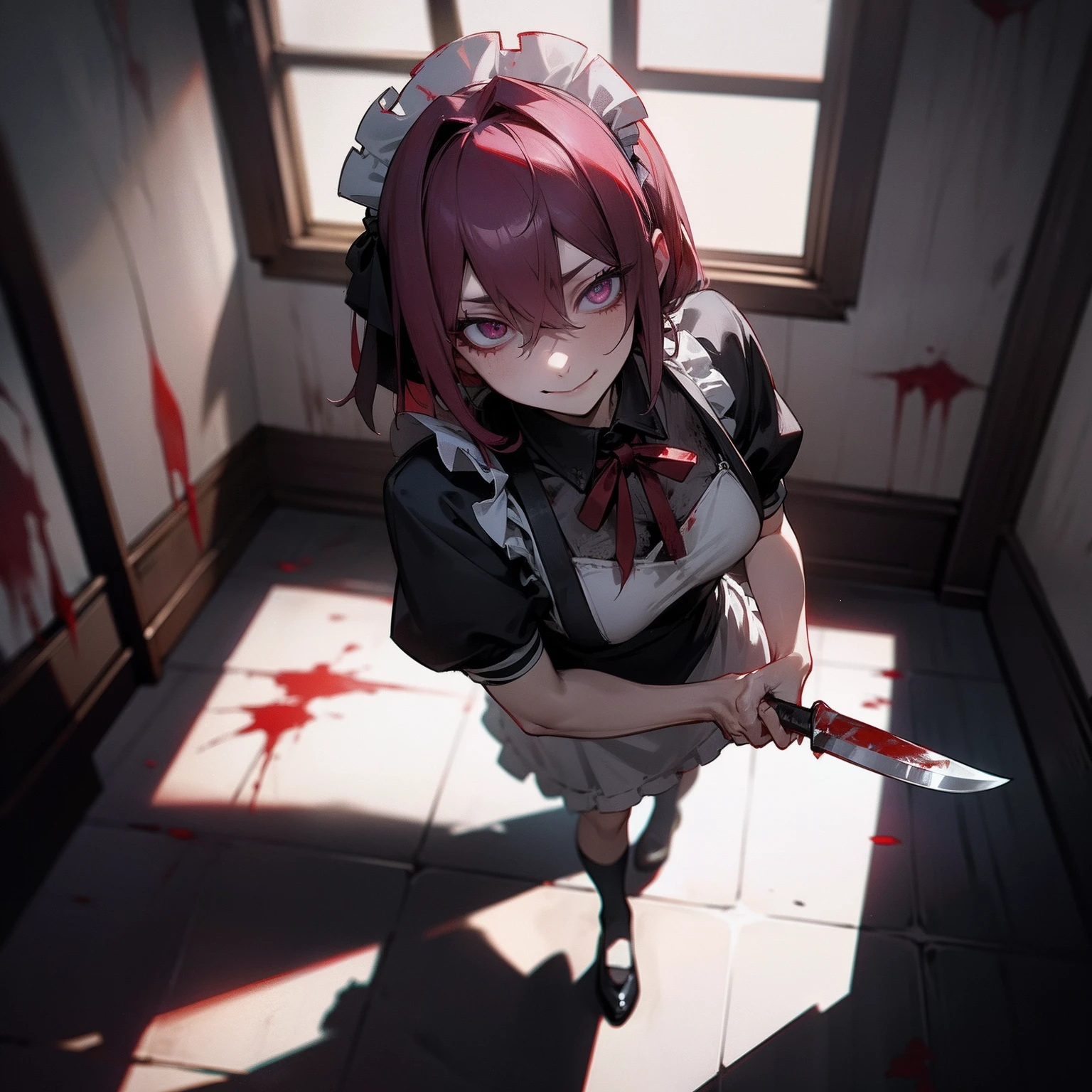 1girl, red bright pupils, vista, panorama, maid outfit, white blood-stained stockings, hair stained with blood, big breasts, blood tears, blood stained on face, blood stained on clothes, gloomy atmosphere, core shadow, low light, dark background, full body panorama, scary, demon corner, standing, red, in a restaurant, surrounded by tables and chairs, tables and chairs turned over, fight marks, blood on the ground, blood stains on the wall, murder weapon, creepy, desperate, super delicate face, 8k, masterpiece --auto --s2